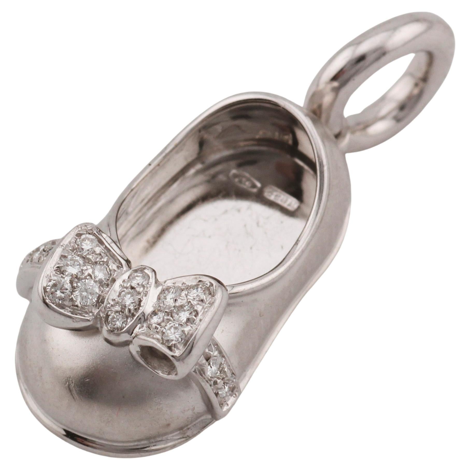 Aaron Basha Diamond 18K White Gold Baby Girl Shoe with Diamond Bow Charm Pendant For Sale