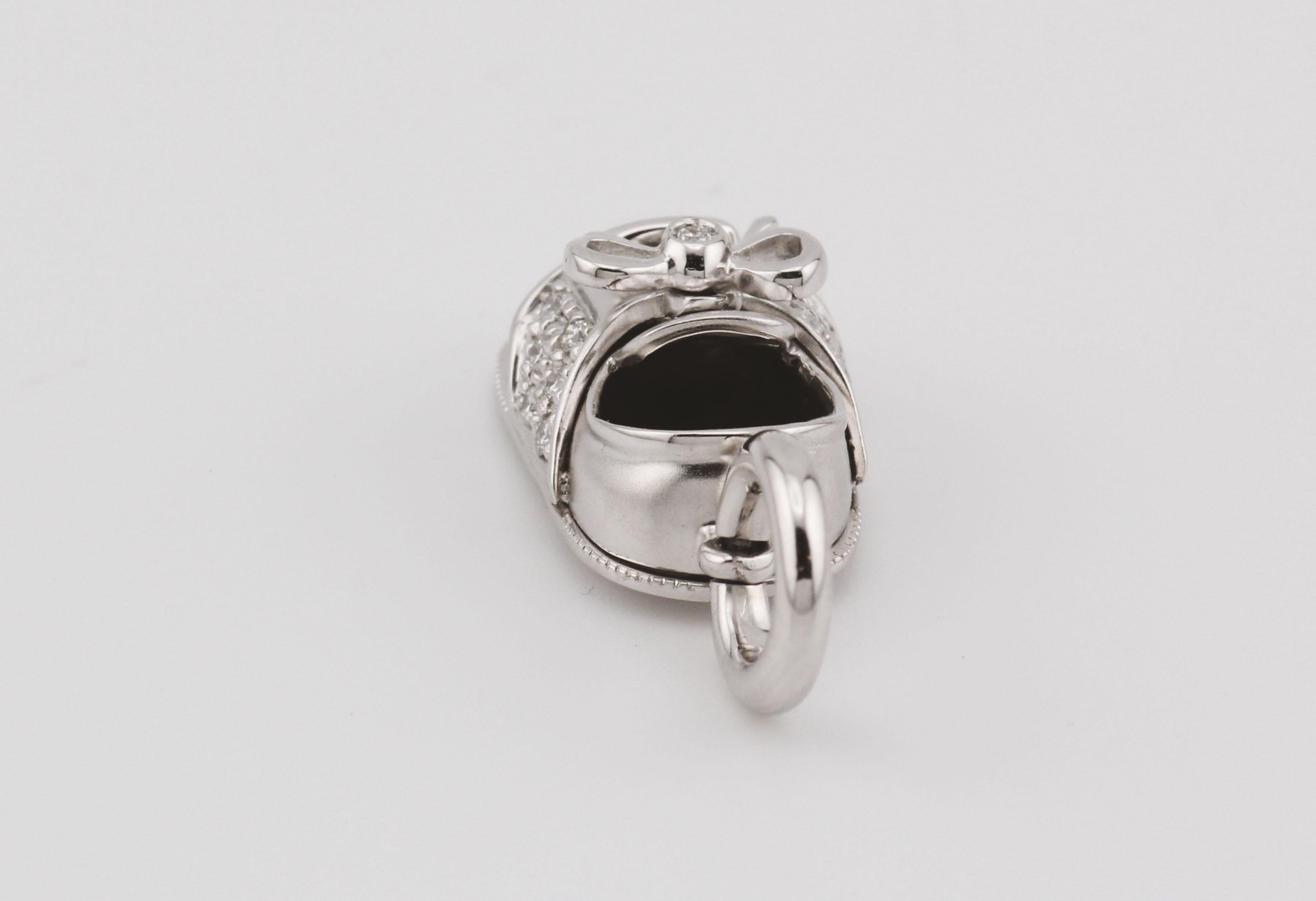 Brilliant Cut Aaron Basha Diamond 18K White Gold Baby Shoe with Bow Charm Pendant For Sale