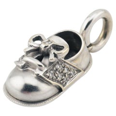 Aaron Basha Diamond 18K White Gold Baby Shoe with Bow Charm Pendant