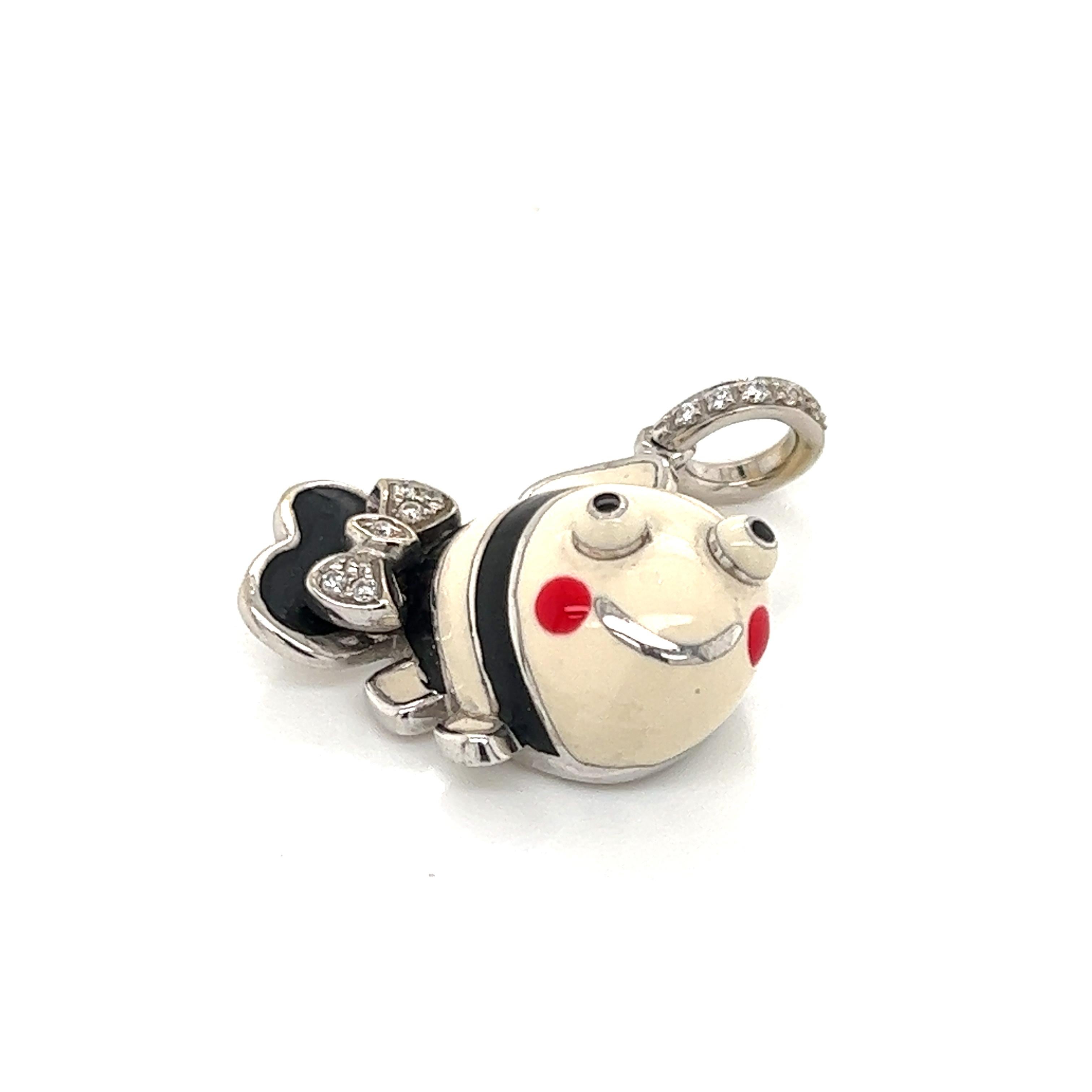 This classic adorable authentic charm or pendant is by Aaron Basha, it is crafted from 18k white gold featuring a cute clown fish with white enamel body and black enamel stripes on the body and tail. Red enamel spots on its face with a white gold