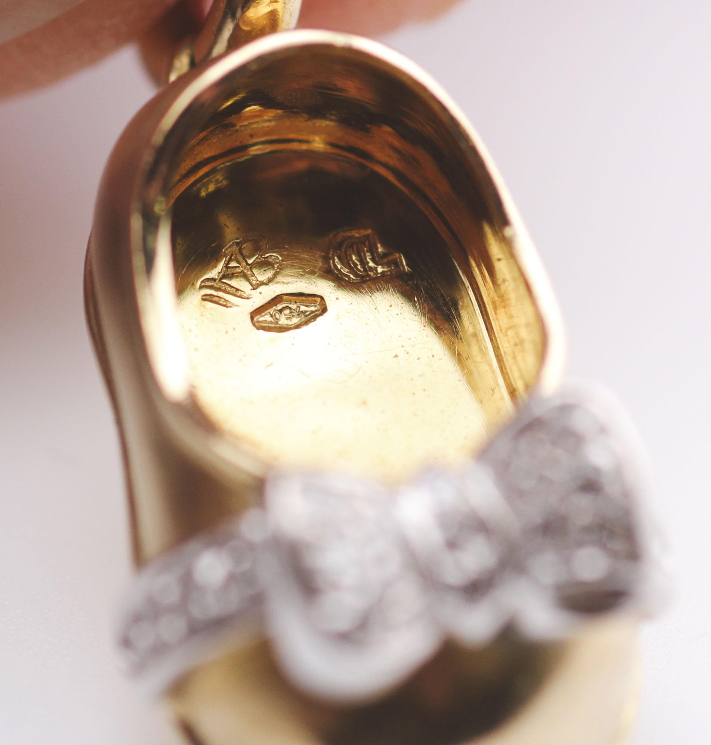 Aaron Basha Diamond 18K White Yellow Gold Baby Girl Shoe Bow Charm Pendant For Sale 2