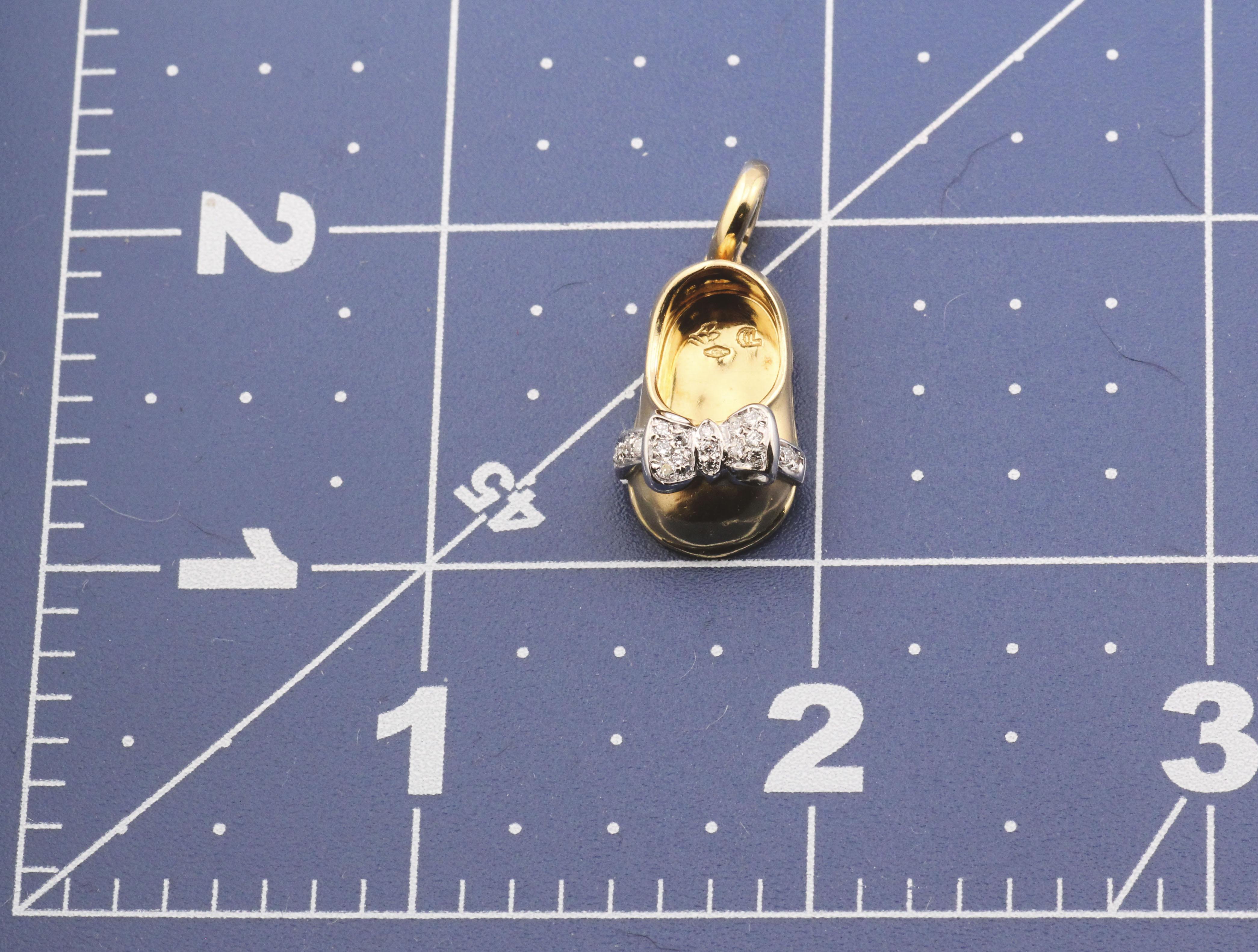 Aaron Basha Diamond 18K White Yellow Gold Baby Girl Shoe Bow Charm Pendant For Sale 3