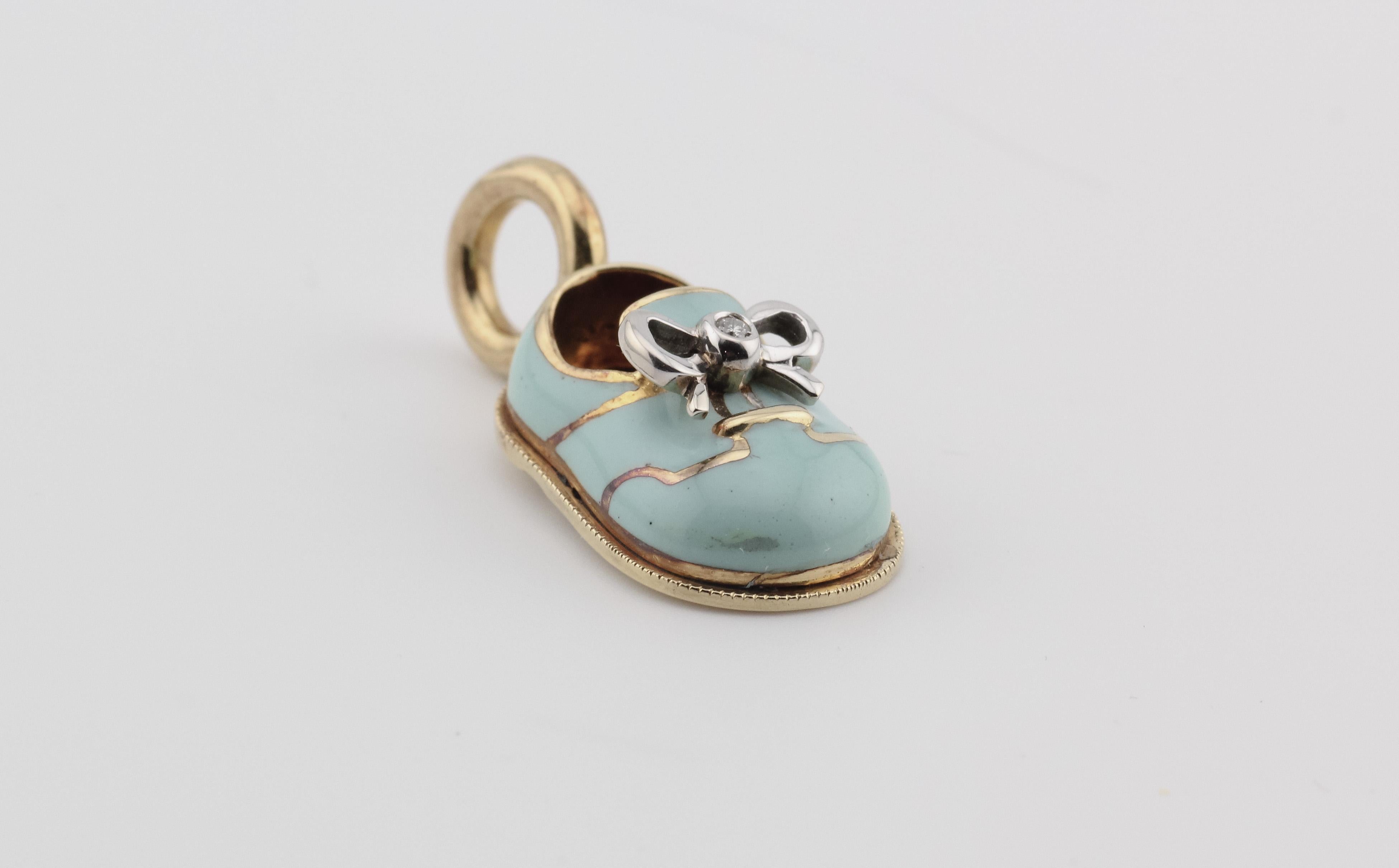 Women's or Men's Aaron Basha Diamond 18K Yellow Gold Tiffany Blue Enamel Baby Shoe Charm Pendant