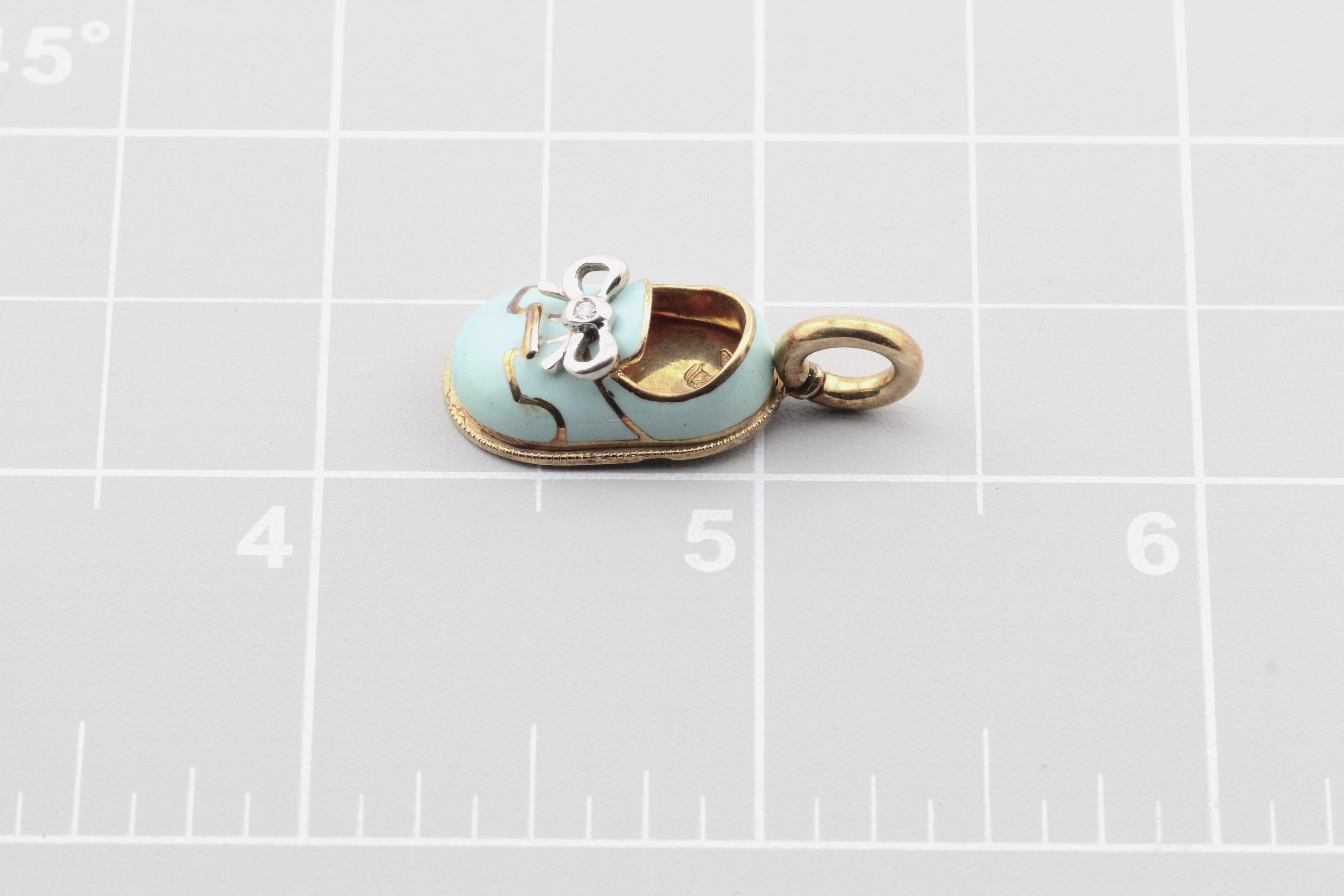 Aaron Basha Diamond 18K Yellow Gold Tiffany Blue Enamel Baby Shoe Charm Pendant 2