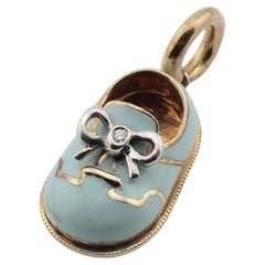 Aaron Basha Diamond 18K Yellow Gold Tiffany Blue Enamel Baby Shoe Charm Pendant