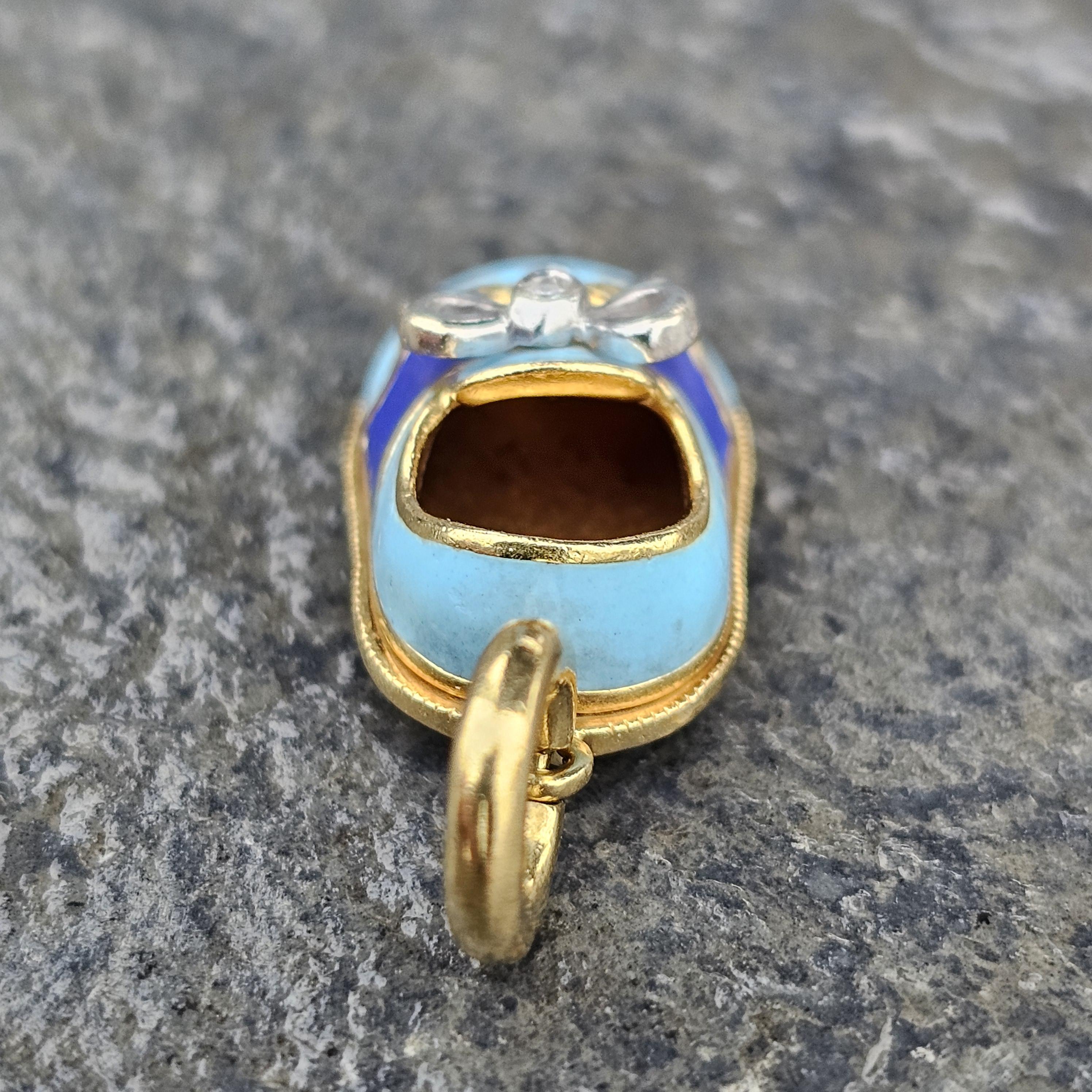 Aaron Basha Diamond Bow Shoe Charm 18k White Yellow Gold Blue Enamel Baby Boy In Good Condition For Sale In Northbrook, IL
