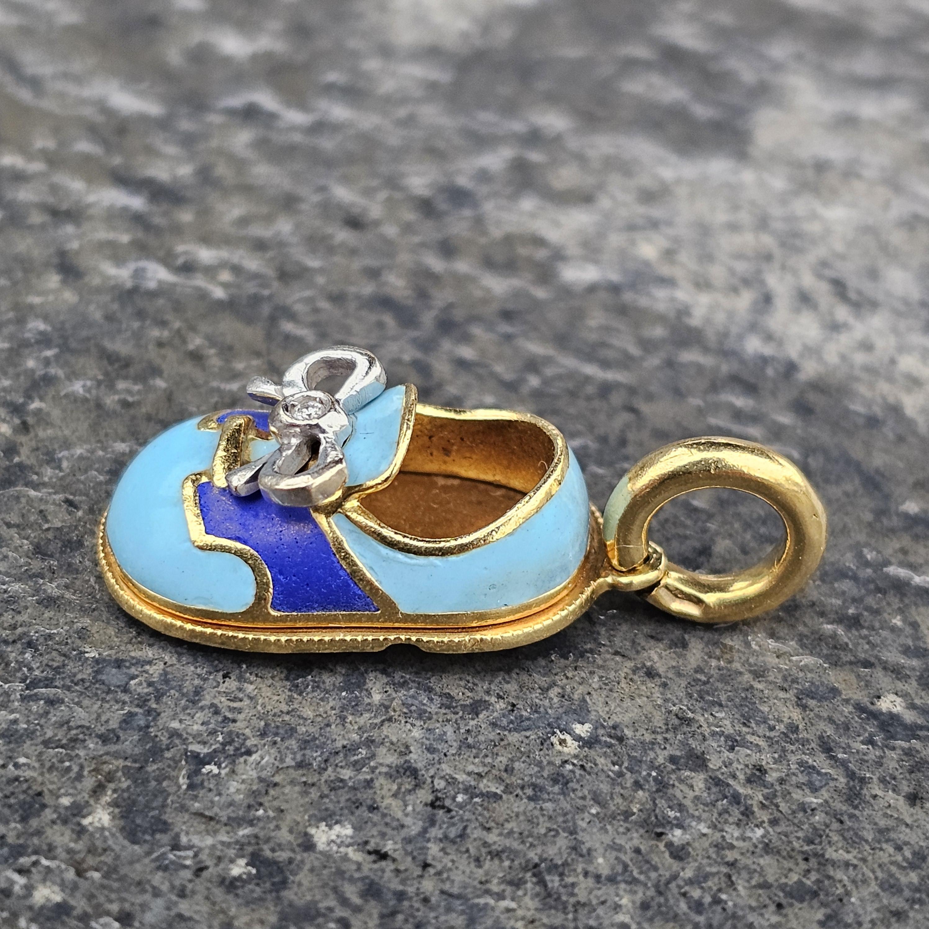 Aaron Basha Diamond Bow Shoe Charm 18k White Yellow Gold Blue Enamel Baby Boy For Sale 1