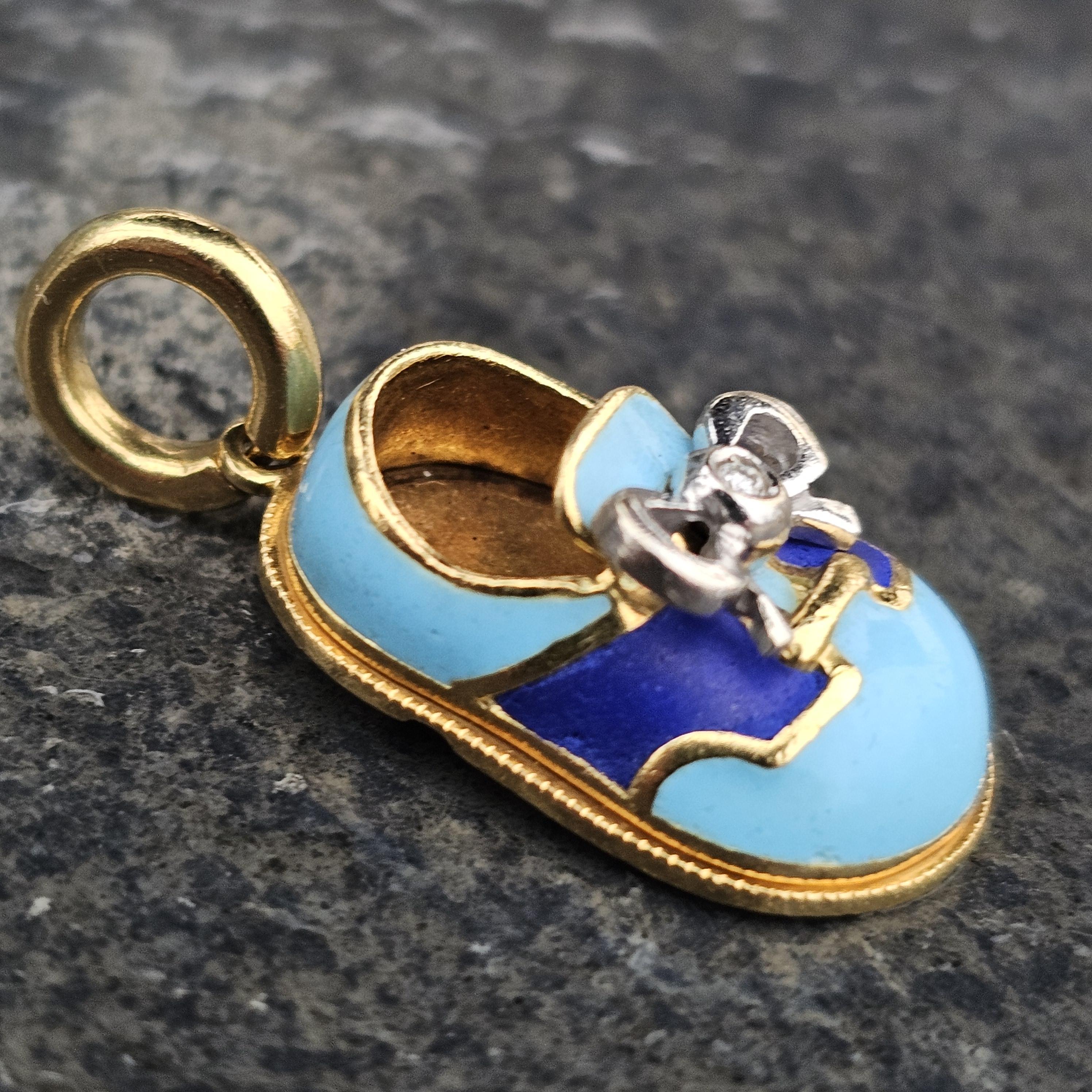 Aaron Basha Diamond Bow Shoe Charm 18k White Yellow Gold Blue Enamel Baby Boy For Sale 2