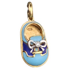 Aaron Basha Diamond Bow Shoe Charm 18k White Yellow Gold Blue Enamel Baby Boy