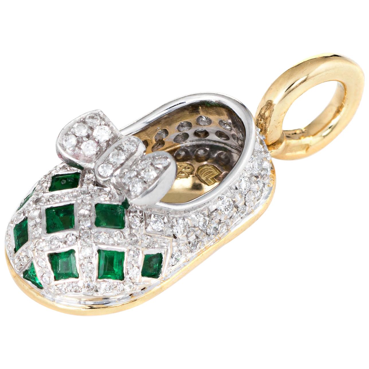 Aaron Basha Diamond Emerald Shoe Charm 18 Karat Gold Estate Gemstone Jewelry