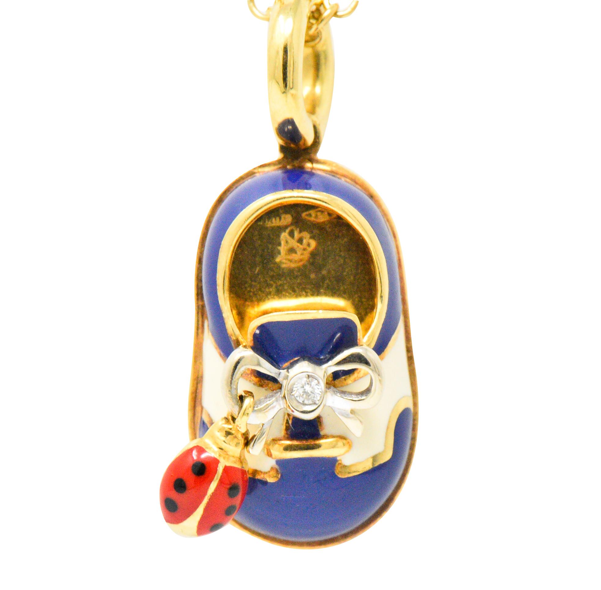 Aaron Basha Enamel Diamond 18 Karat Gold Baby Shoe Pendant Necklace In Excellent Condition In Philadelphia, PA