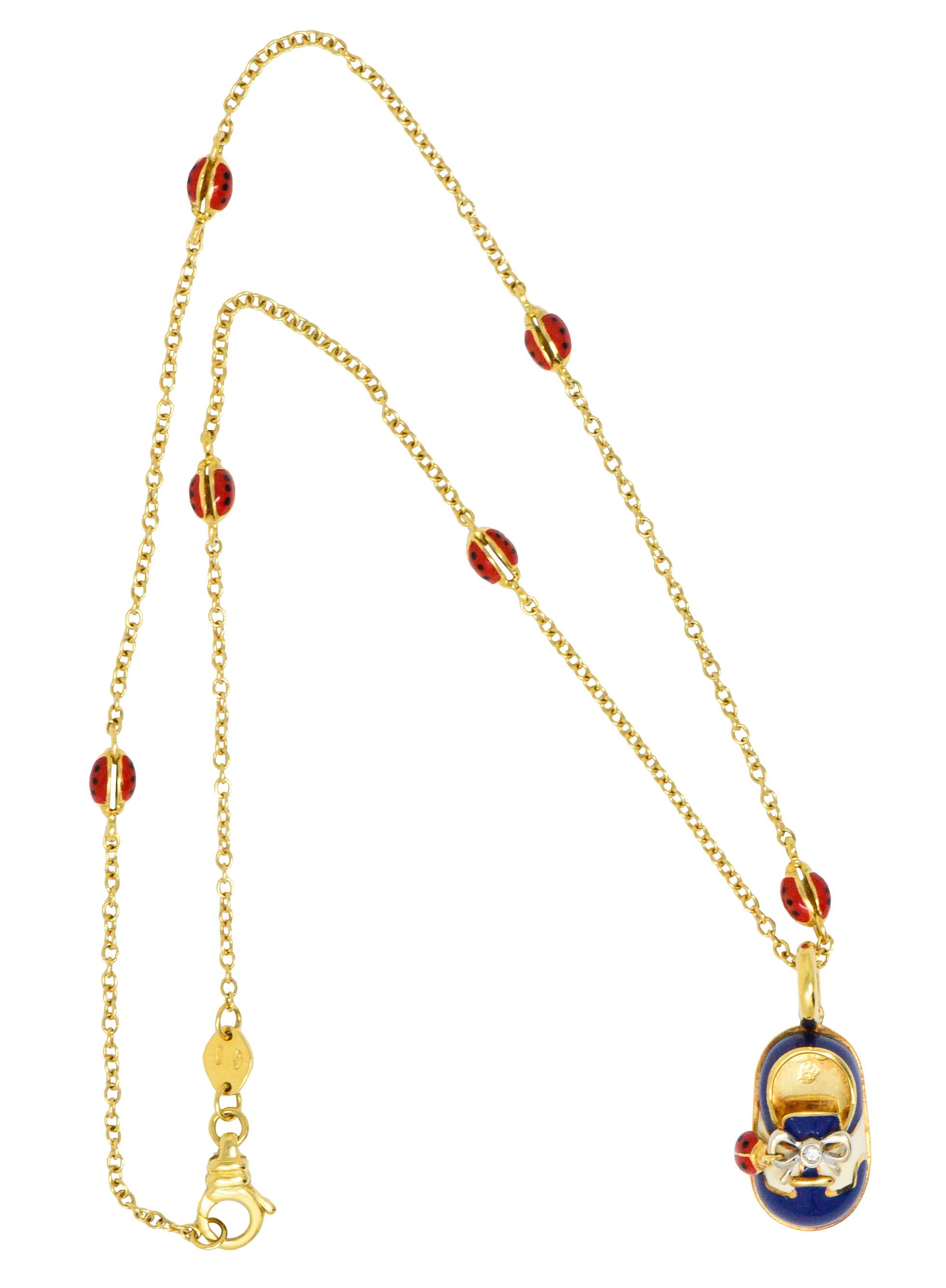 Women's or Men's Aaron Basha Enamel Diamond 18 Karat Gold Baby Shoe Pendant Necklace