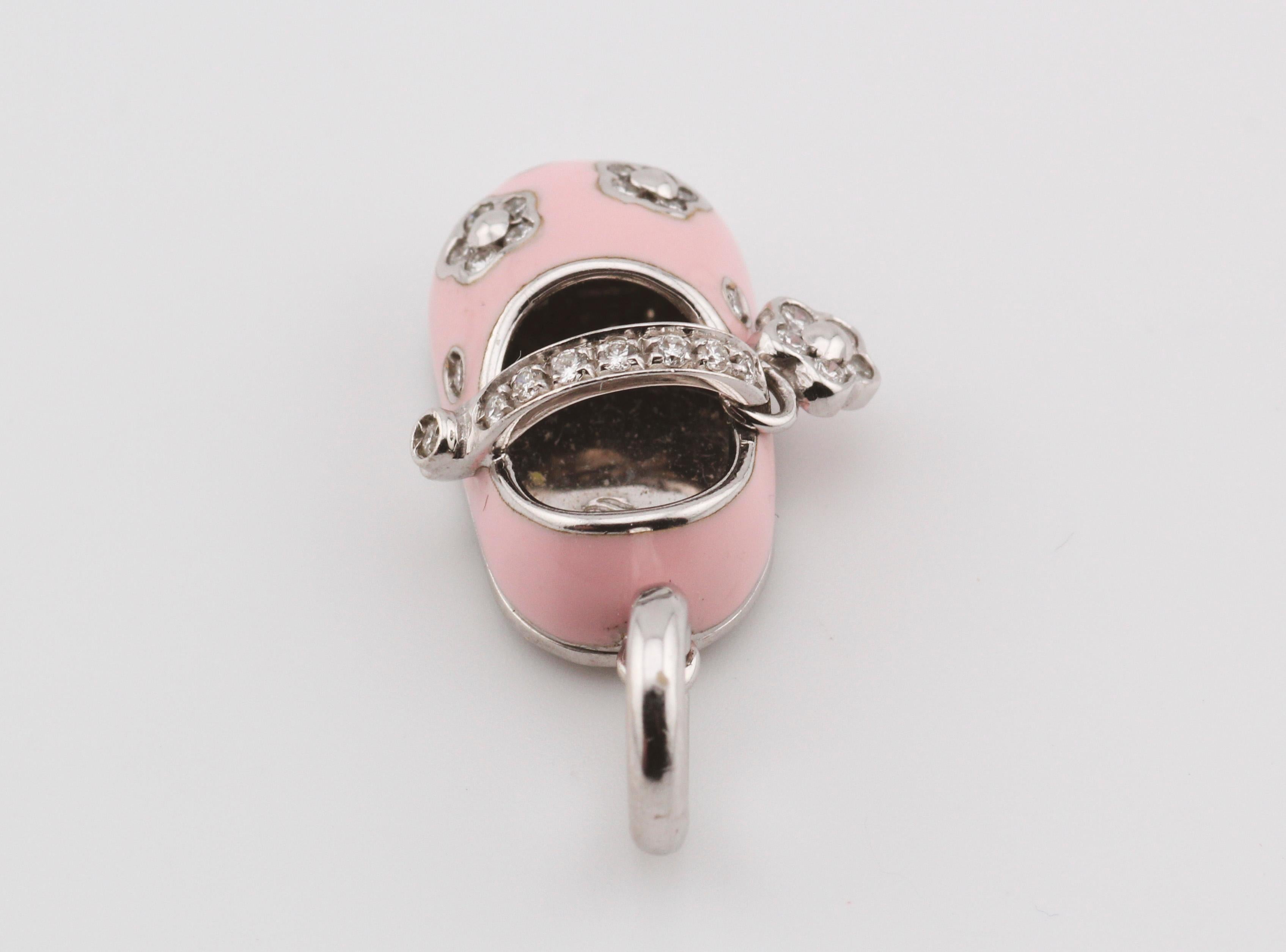 Aaron Basha Diamond Enamel 18K Gold Flower Motif Baby Girl Shoe Charm Pendant For Sale 1