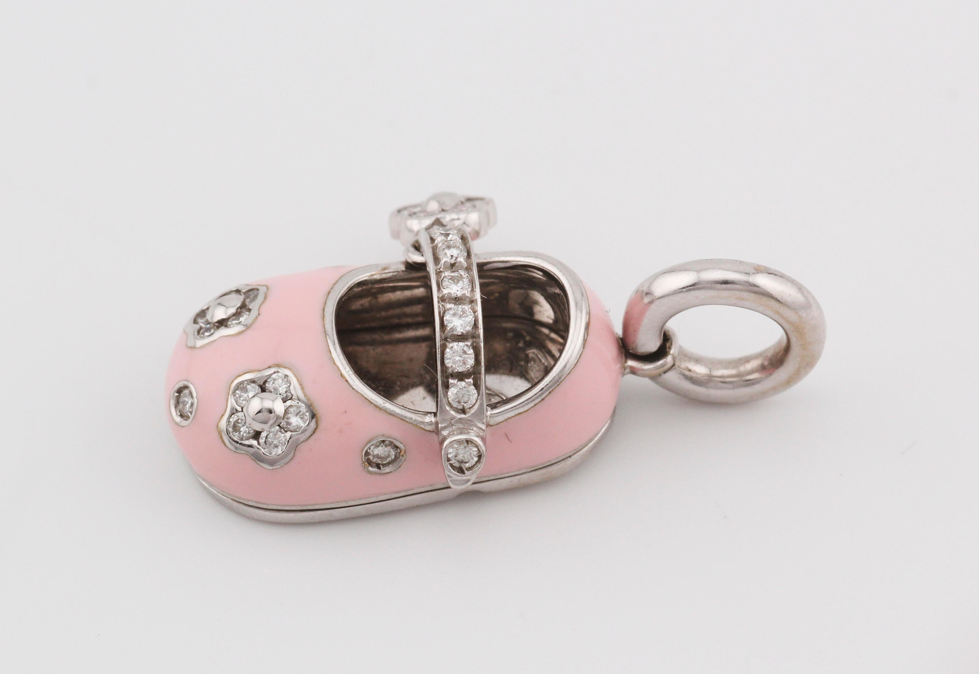 Aaron Basha Diamond Enamel 18K Gold Flower Motif Baby Girl Shoe Charm Pendant For Sale 2