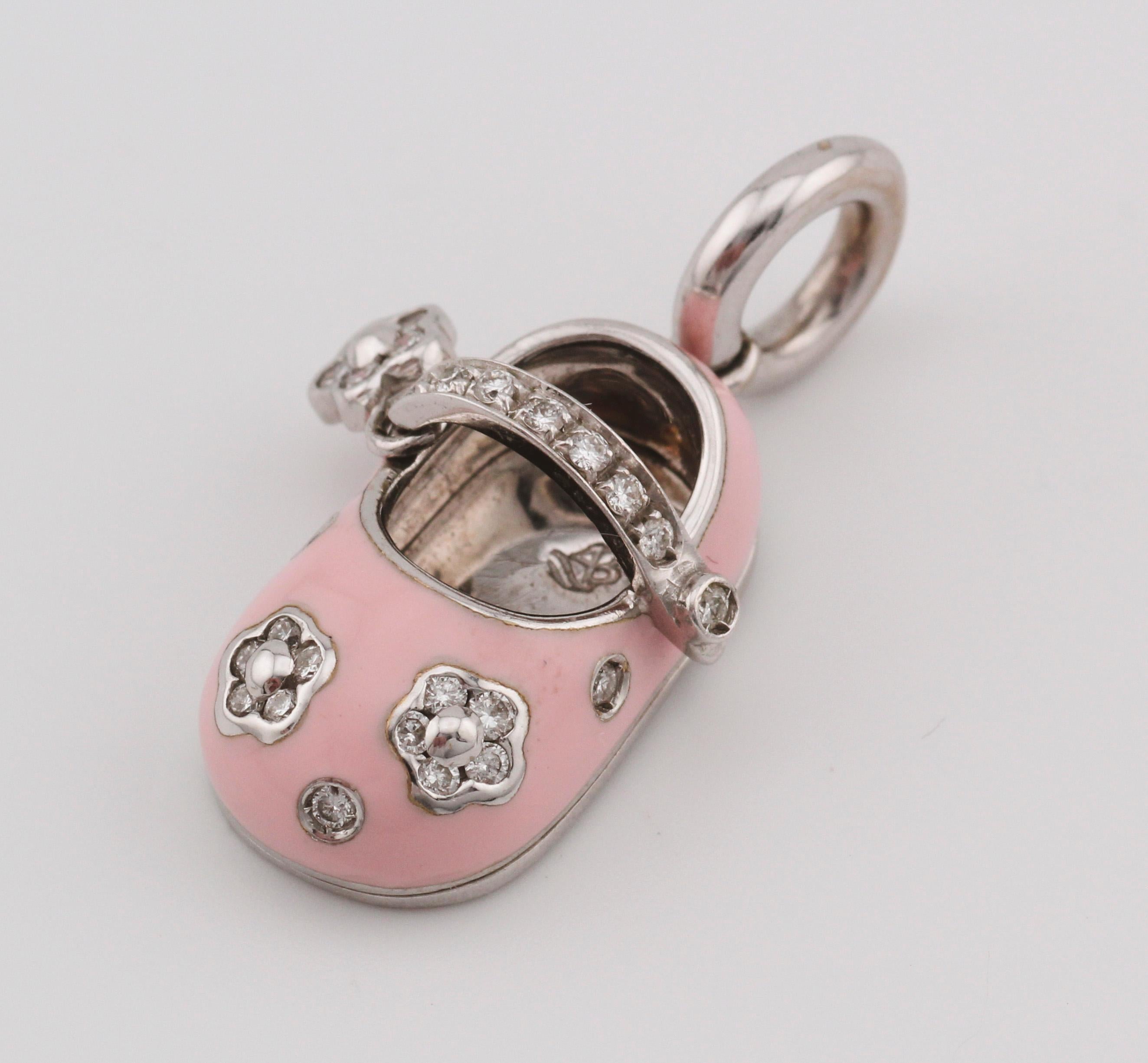 Aaron Basha Diamond Enamel 18K Gold Flower Motif Baby Girl Shoe Charm Pendant For Sale 3