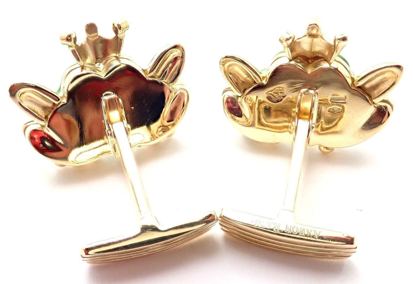 18k Yellow Gold Diamond Green Enamel Frog Prince Cufflinks by Aaron Basha. 
With 6 round brilliant cut diamonds.
Details: 
Measurements: 20mm x 23mm
Weight: 28.4 grams 
Stamped Hallmarks: Aaron Basha 750
*Free Shipping within the United States*