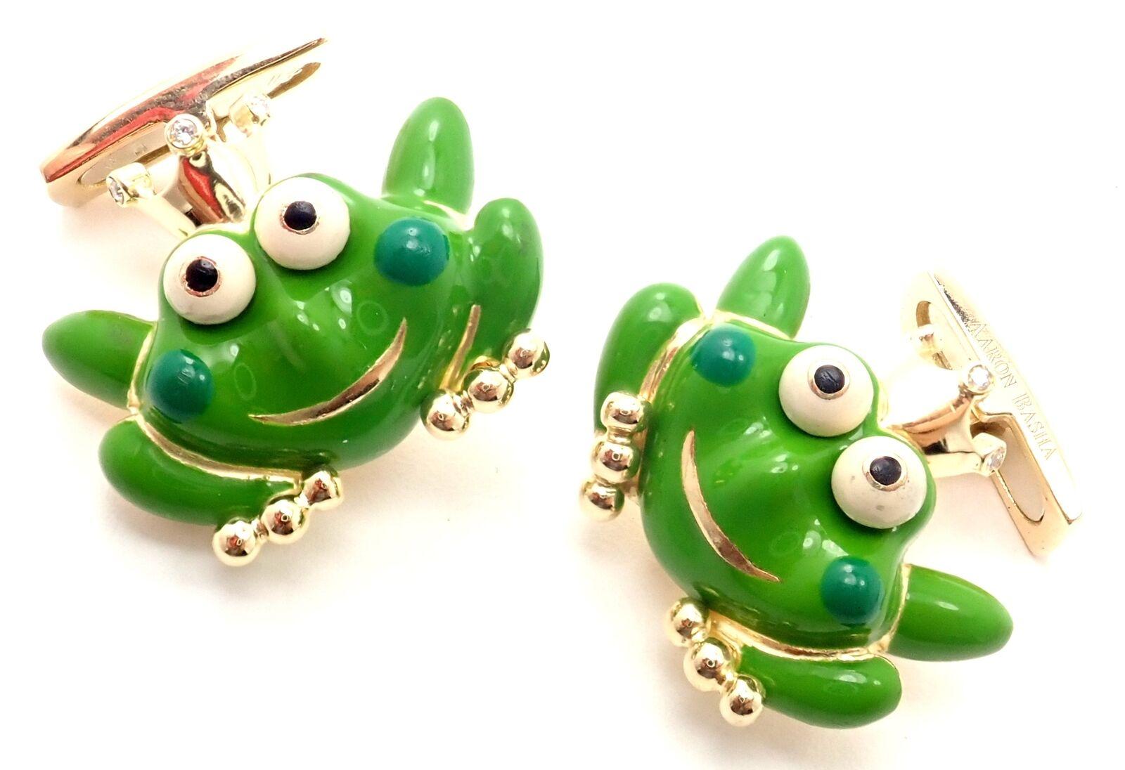 Aaron Basha Diamond Enamel Frog Prince Yellow Gold Cufflinks In Excellent Condition For Sale In Holland, PA