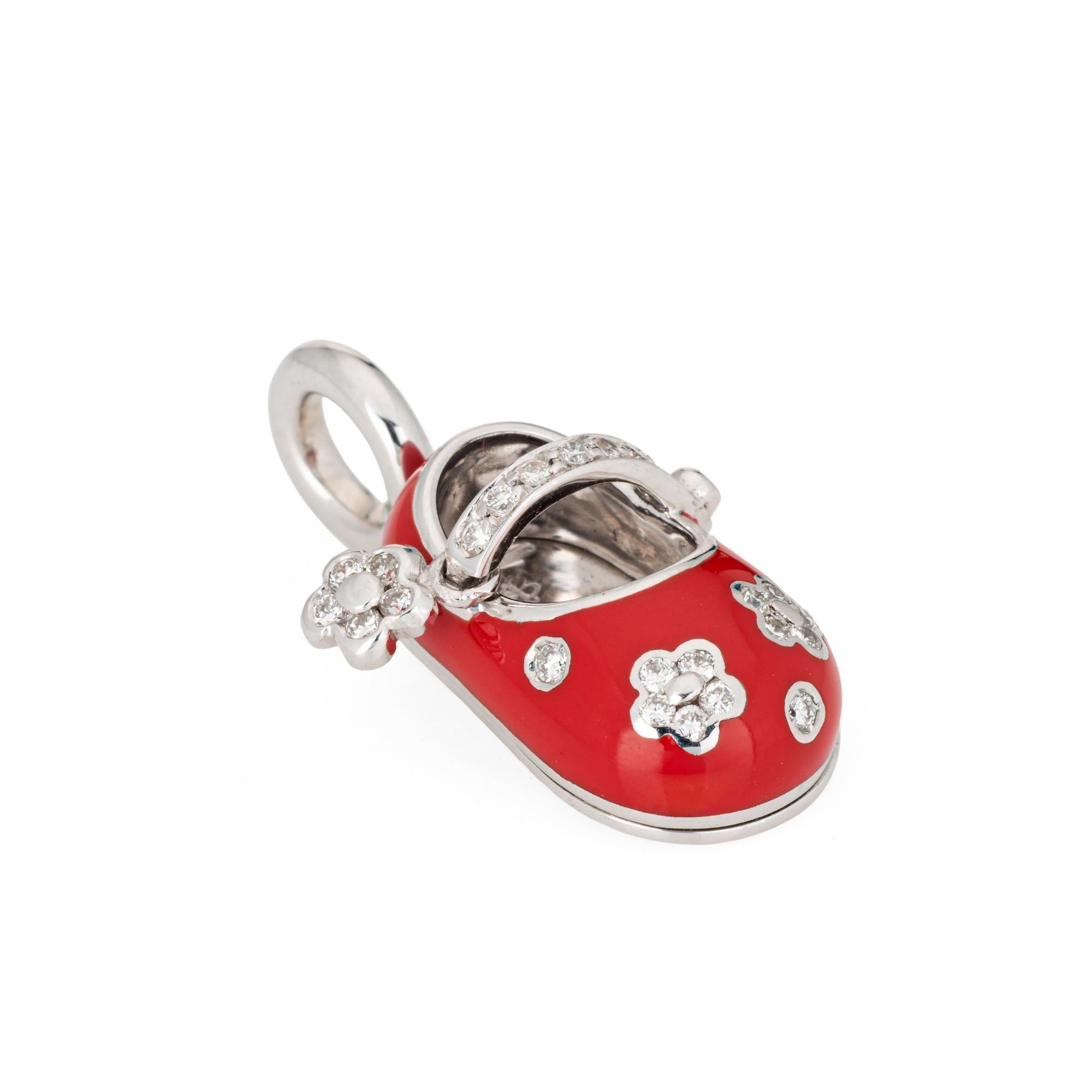 Finely detailed pre-owned Aaron Basha red enamel diamond flower shoe charm crafted in 18k white gold.  

Round brilliant cut diamonds are pave set into the shoe and total an estimated 0.26 carats (estimated at H-I color and VS2-SI1 clarity).