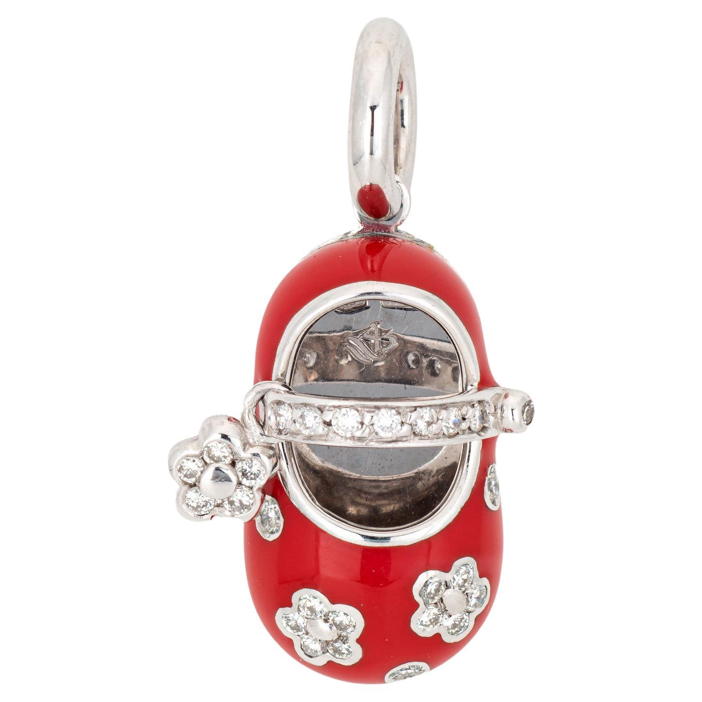 Aaron Basha Diamond Flower Shoe Charm Red Enamel 18k White Gold Signed Jewelry