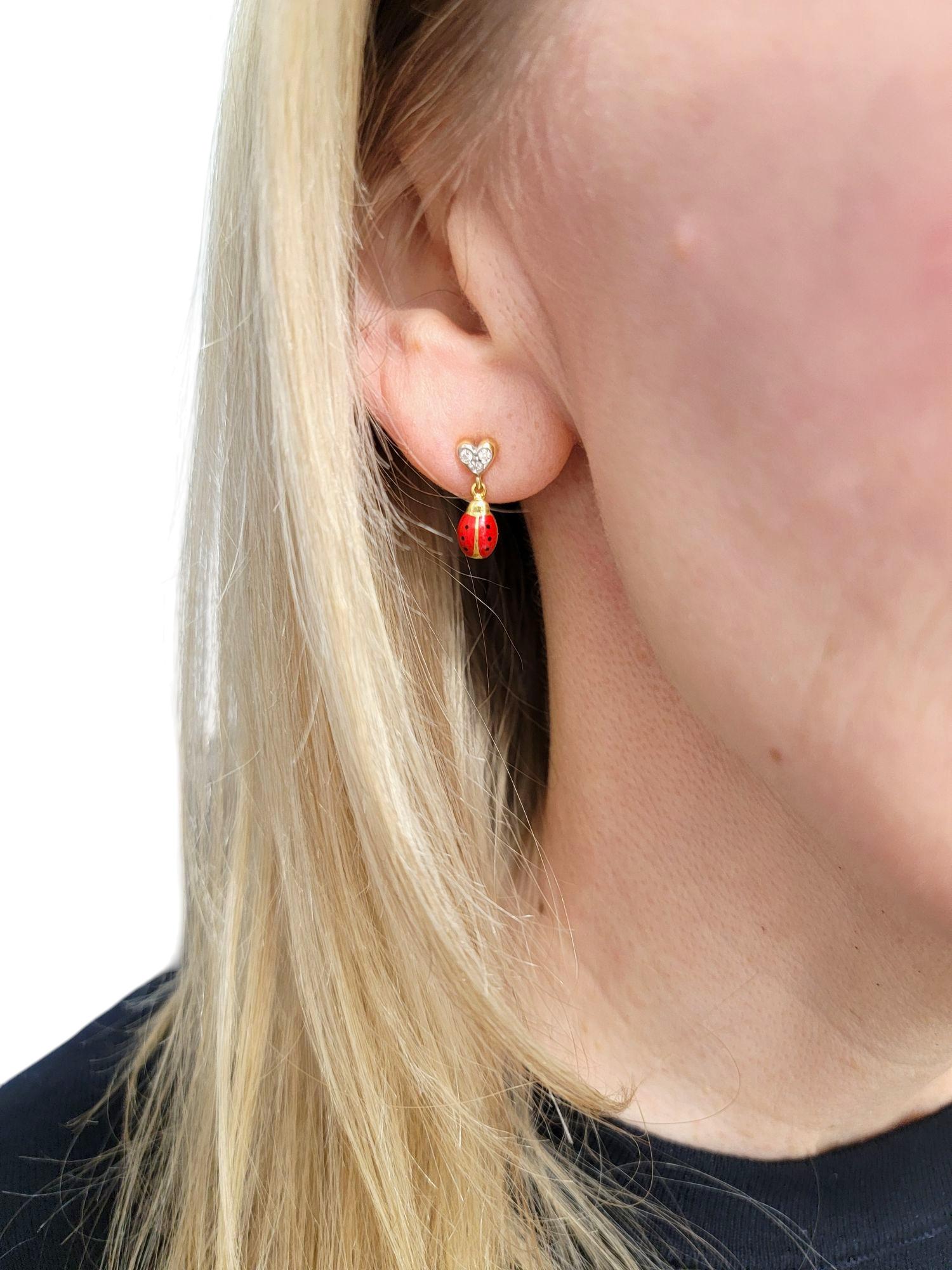 Aaron Basha Diamond Heart and Enamel Ladybug Dangle Earrings in 18 Karat Gold For Sale 4
