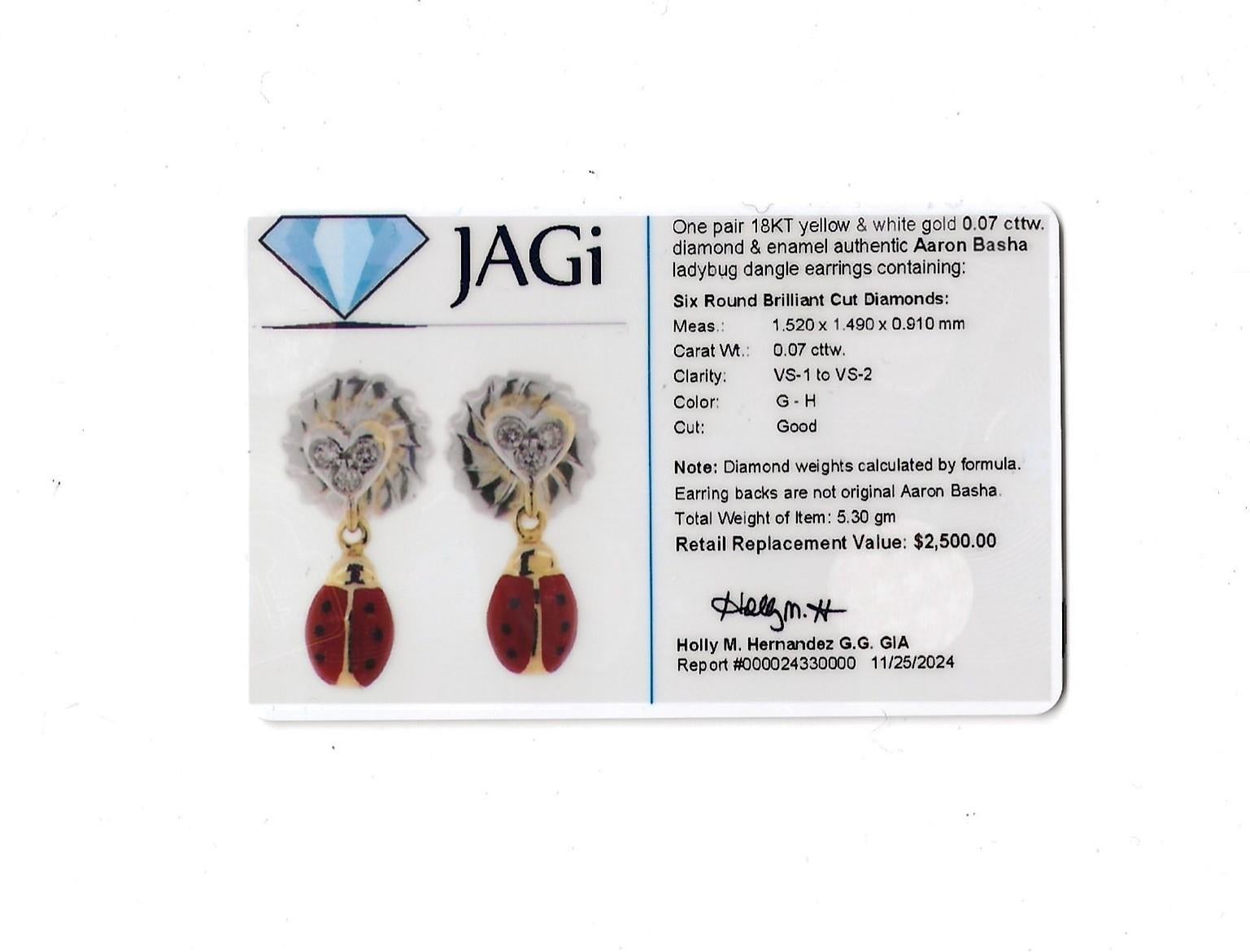 Aaron Basha Diamond Heart and Enamel Ladybug Dangle Earrings in 18 Karat Gold For Sale 5