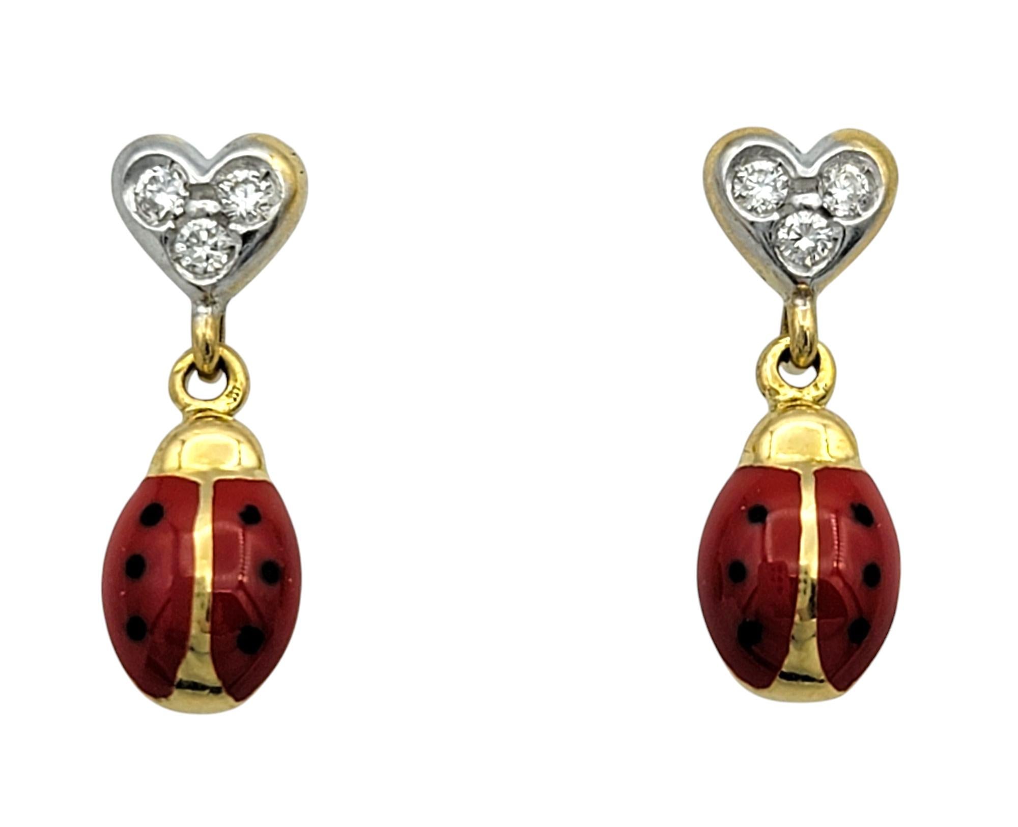Add a whimsical charm to your collection with these authentic Aaron Basha ladybug dangle earrings, crafted in 18 karat yellow and white gold. Featuring delicate heart-shaped diamond accents and vibrant red enamel ladybugs, these earrings embody