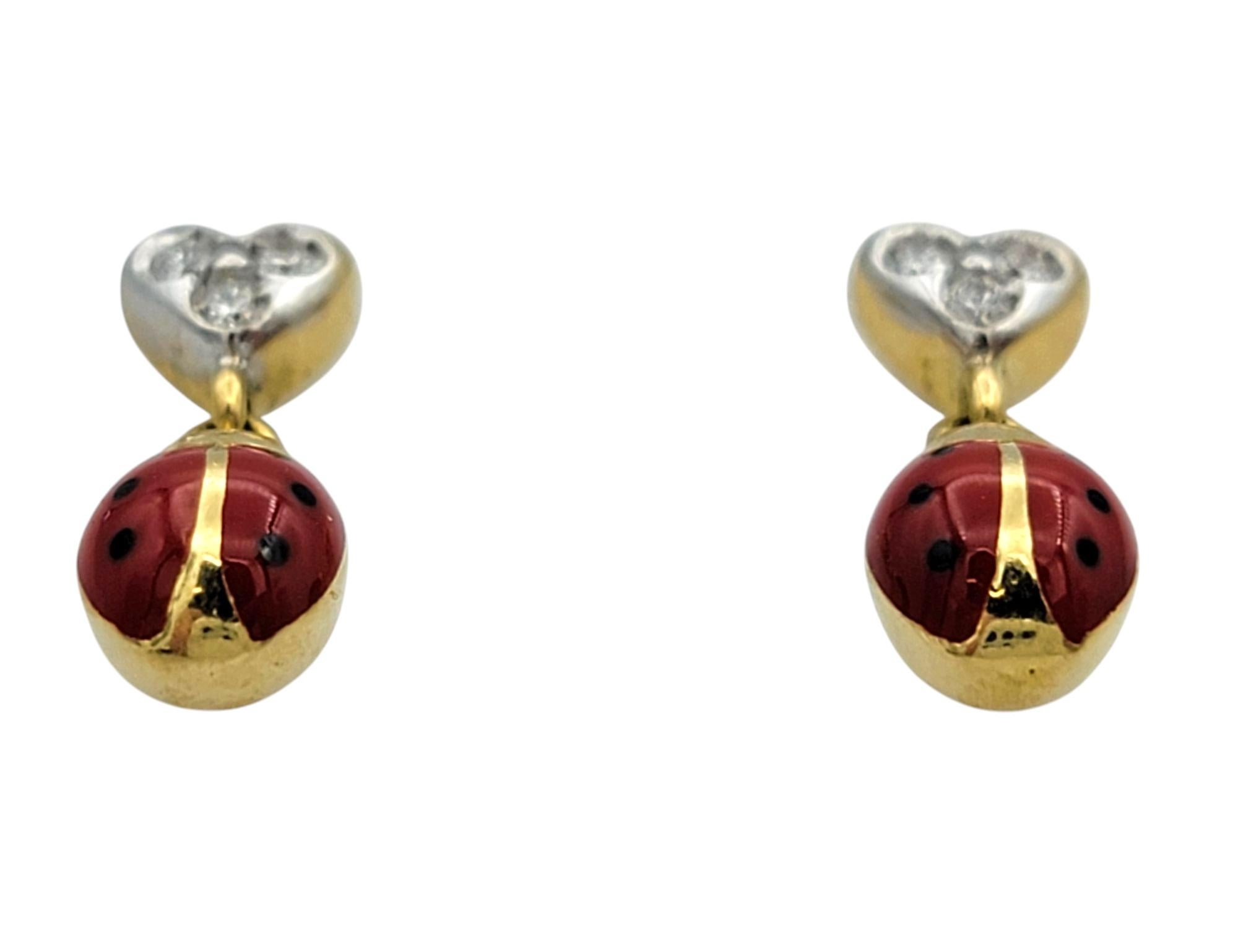 Contemporary Aaron Basha Diamond Heart and Enamel Ladybug Dangle Earrings in 18 Karat Gold For Sale