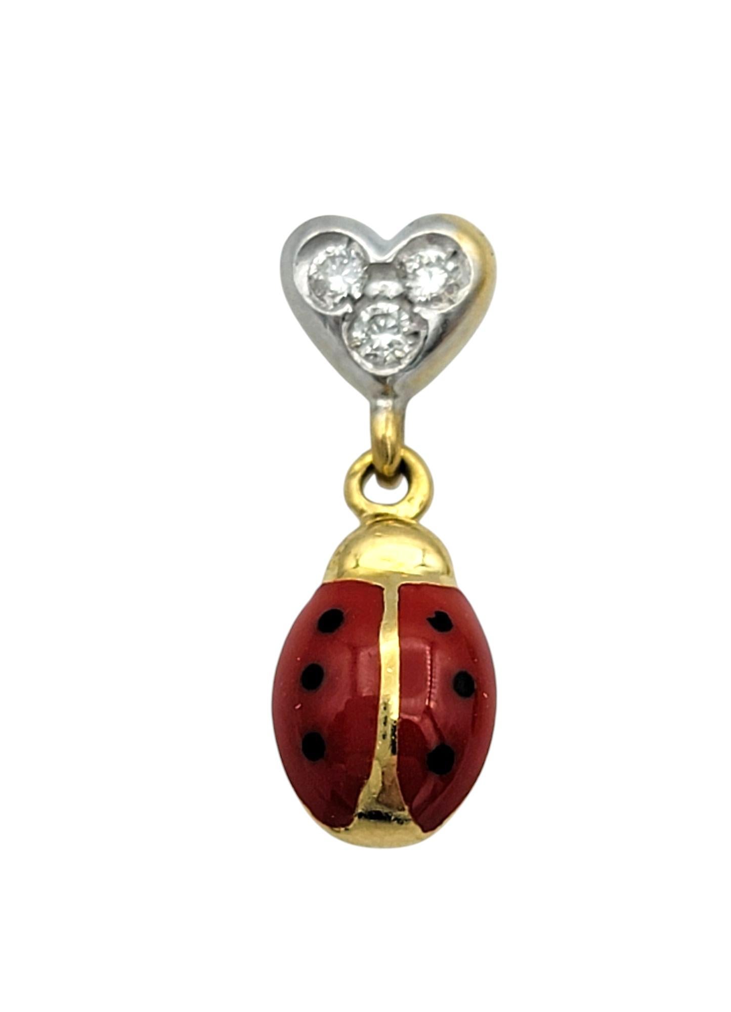Round Cut Aaron Basha Diamond Heart and Enamel Ladybug Dangle Earrings in 18 Karat Gold For Sale