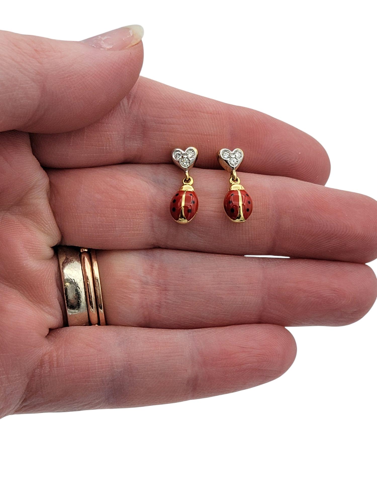 Aaron Basha Diamond Heart and Enamel Ladybug Dangle Earrings in 18 Karat Gold For Sale 2