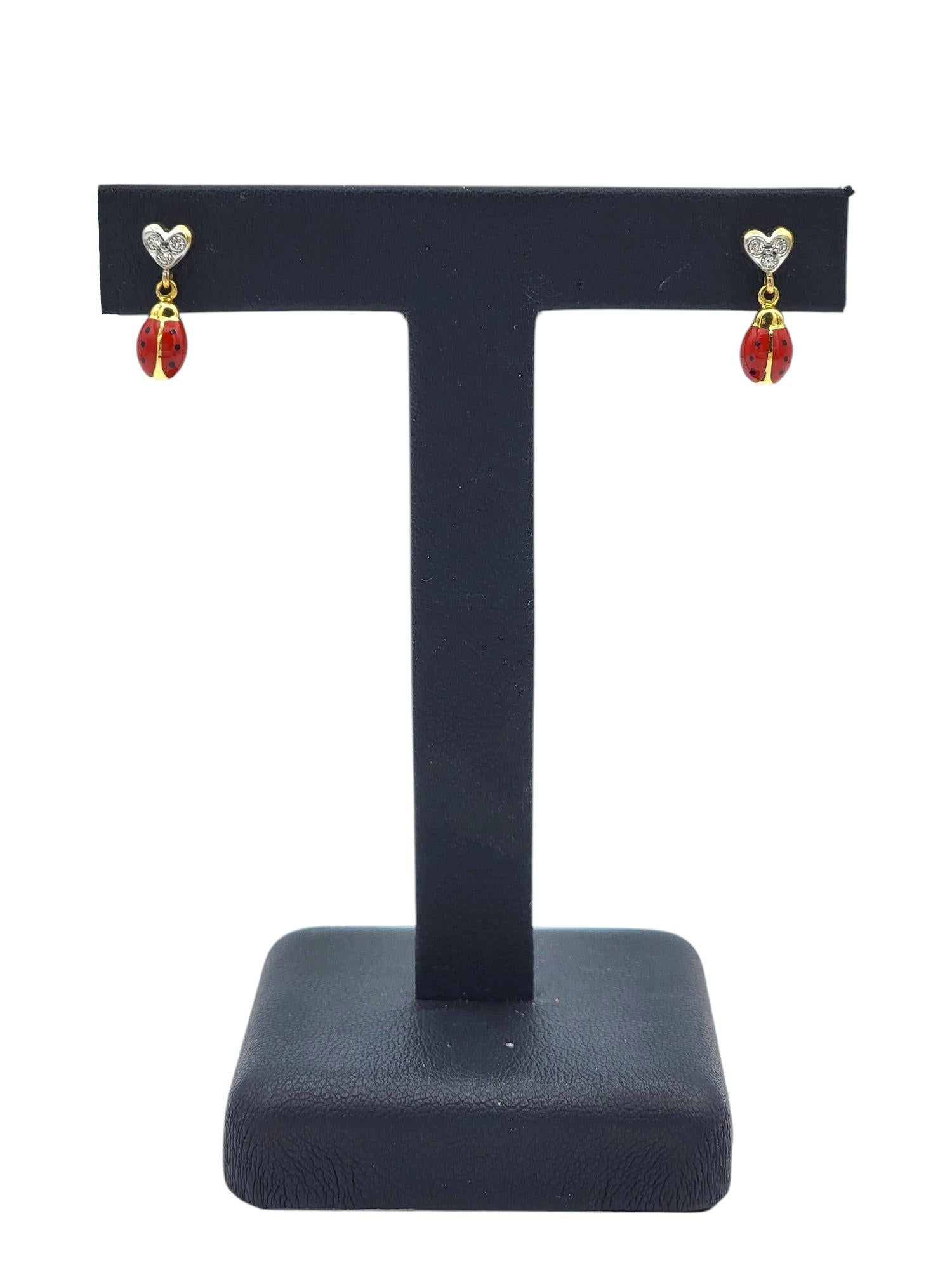 Aaron Basha Diamond Heart and Enamel Ladybug Dangle Earrings in 18 Karat Gold For Sale 3