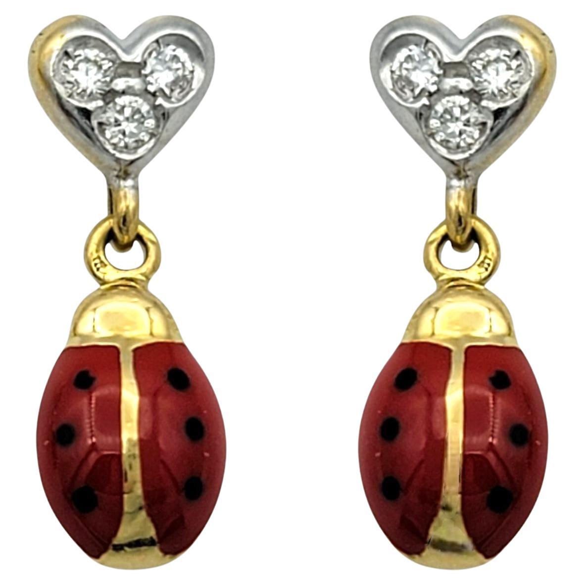 Aaron Basha Diamond Heart and Enamel Ladybug Dangle Earrings in 18 Karat Gold For Sale