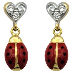 Aaron Basha Diamond Heart and Enamel Ladybug Dangle Earrings in 18 Karat Gold