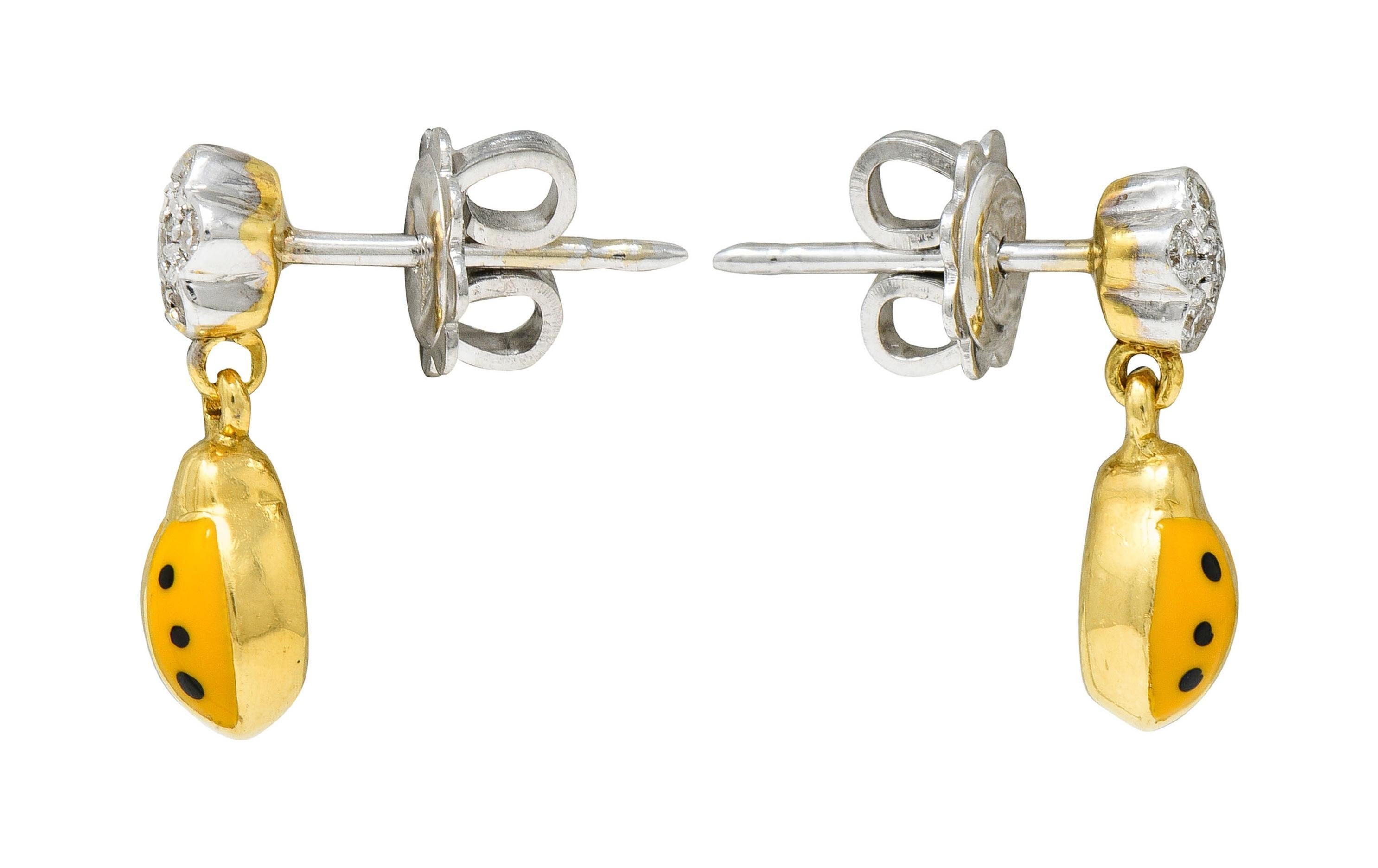 Aaron Basha Pendientes Gota Mariquita Esmalte Naranja Diamante Oro Bicolor 18 Kilates Corte redondo en venta