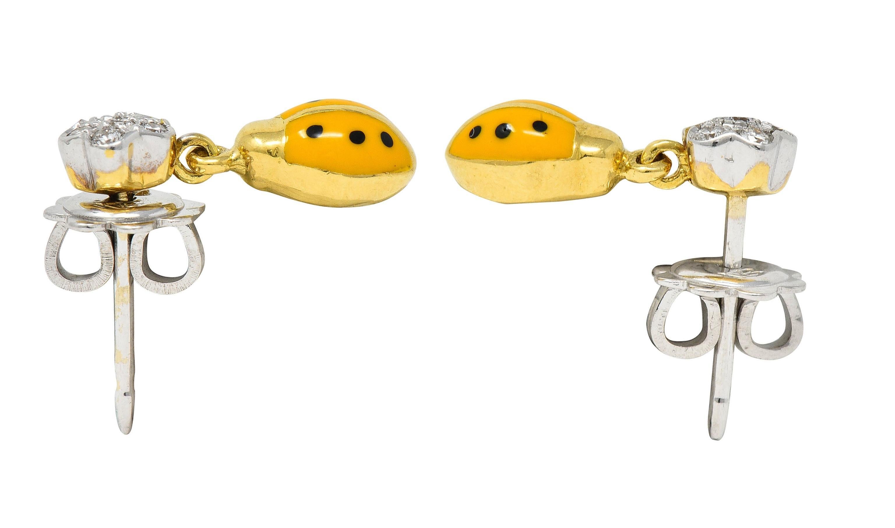 Aaron Basha Pendientes Gota Mariquita Esmalte Naranja Diamante Oro Bicolor 18 Kilates en venta 2