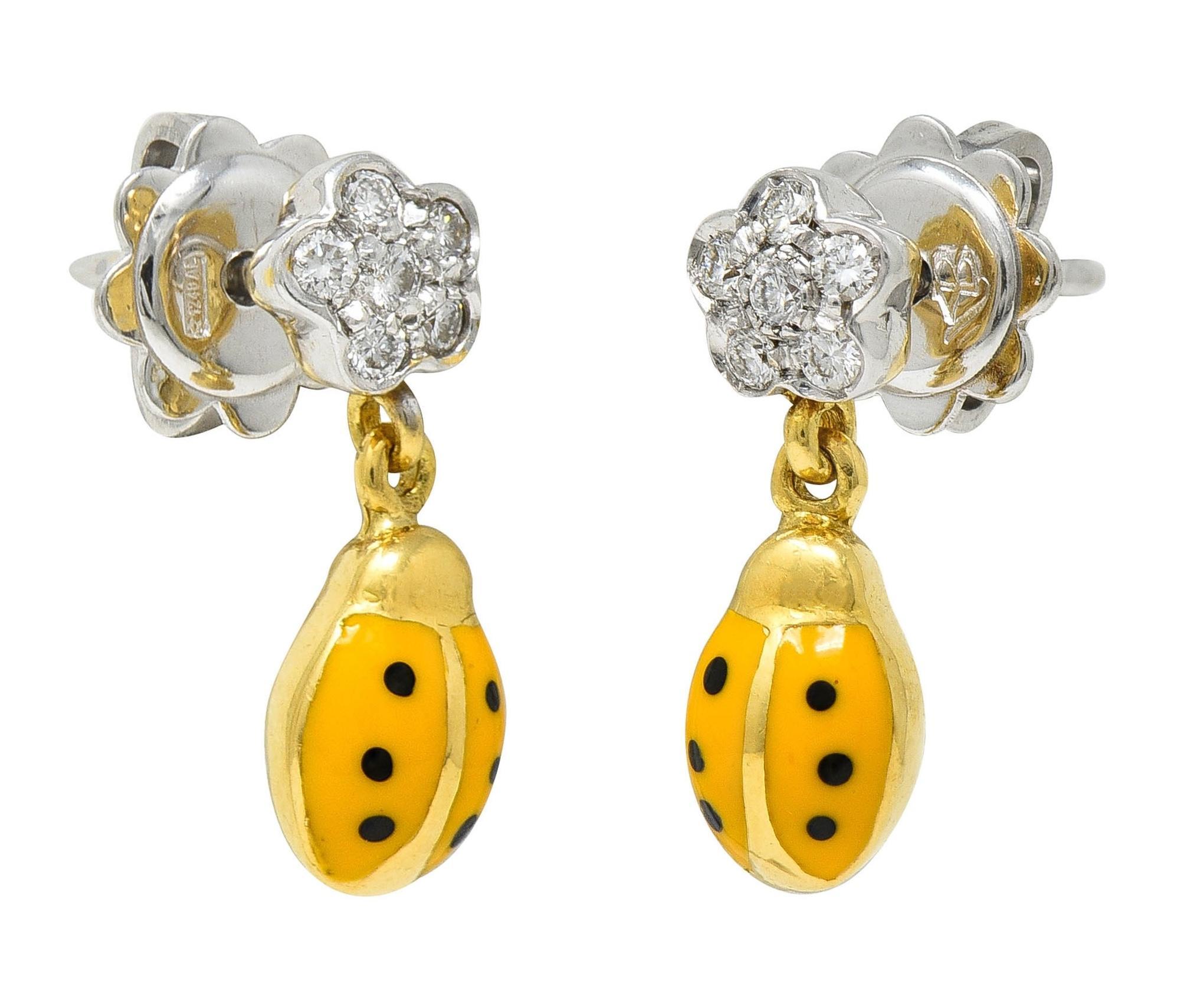 Aaron Basha Pendientes Gota Mariquita Esmalte Naranja Diamante Oro Bicolor 18 Kilates en venta 3