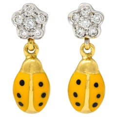 Aaron Basha Diamant Orange Emaille 18 Karat zweifarbige Gold Ladybug Tropfenohrringe mit Diamanten