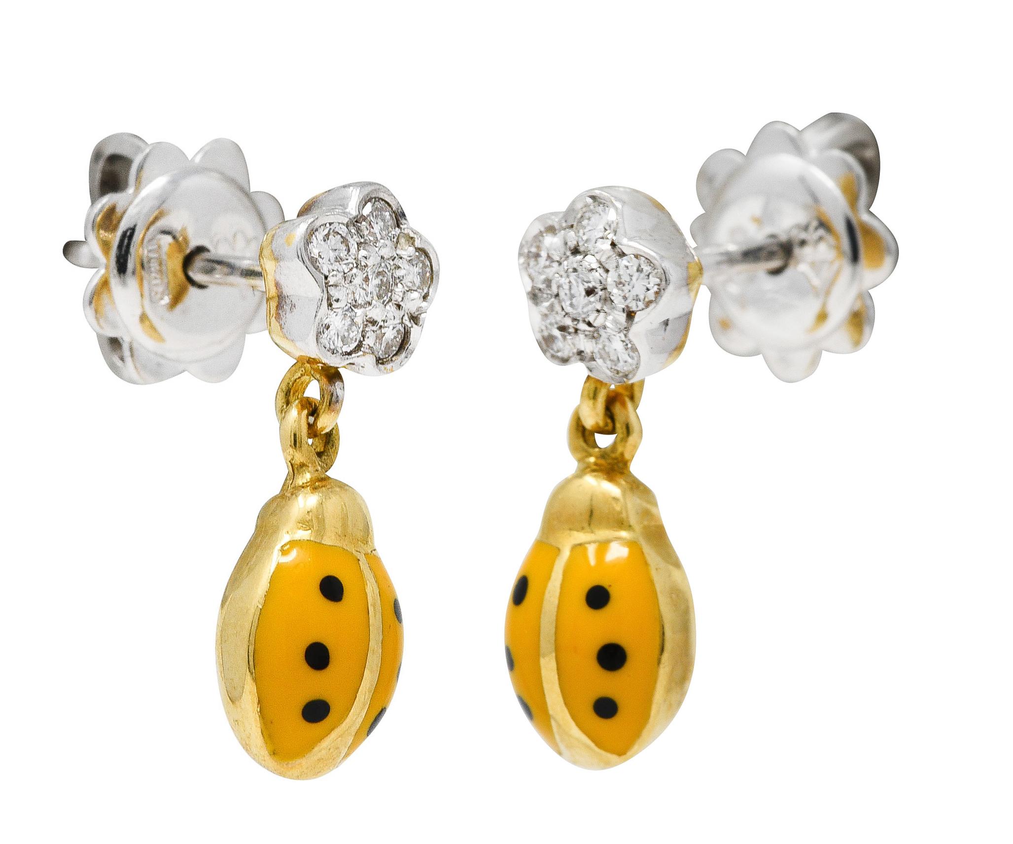 Women's or Men's Aaron Basha Diamond Orange Enamel 18 Karat Two-Tone Ladybug Drop Earrings For Sale