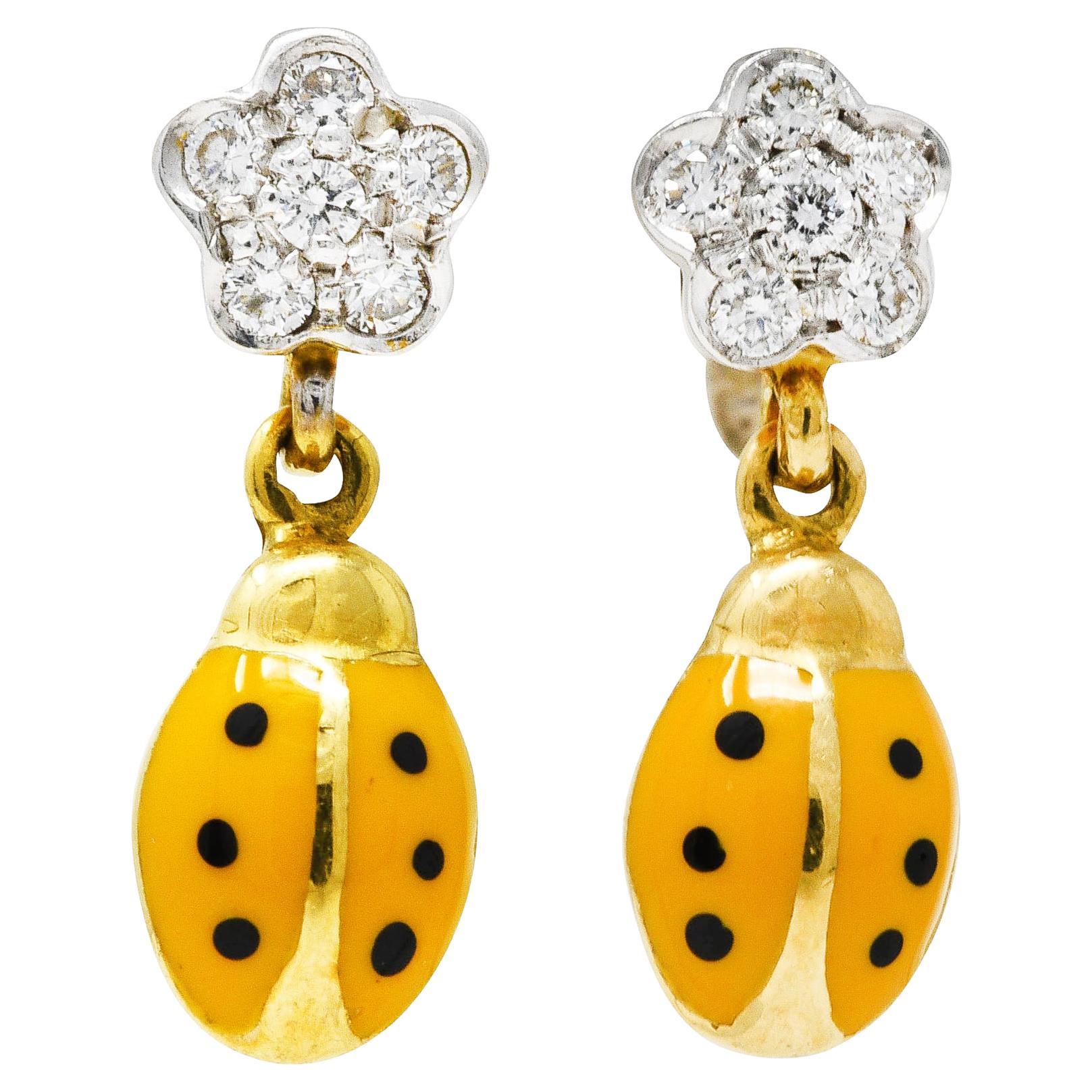 Aaron Basha Diamond Orange Enamel 18 Karat Two-Tone Ladybug Drop Earrings