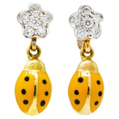 Aaron Basha Diamond Orange Enamel 18 Karat Two-Tone Ladybug Drop Earrings