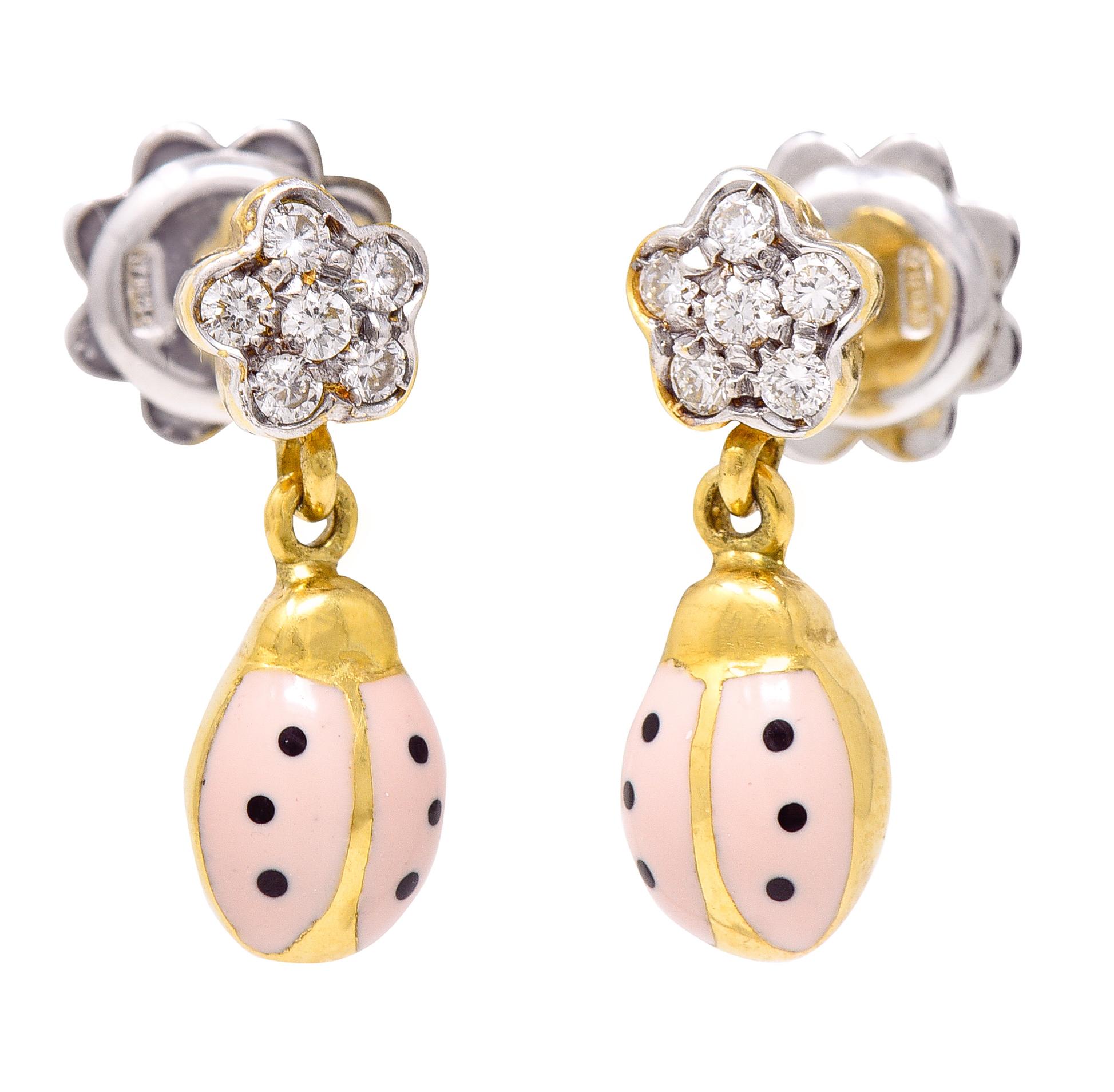 Women's or Men's Aaron Basha Diamond Pink Enamel 18 Karat Two-Tone Ladybug Drop Earrings