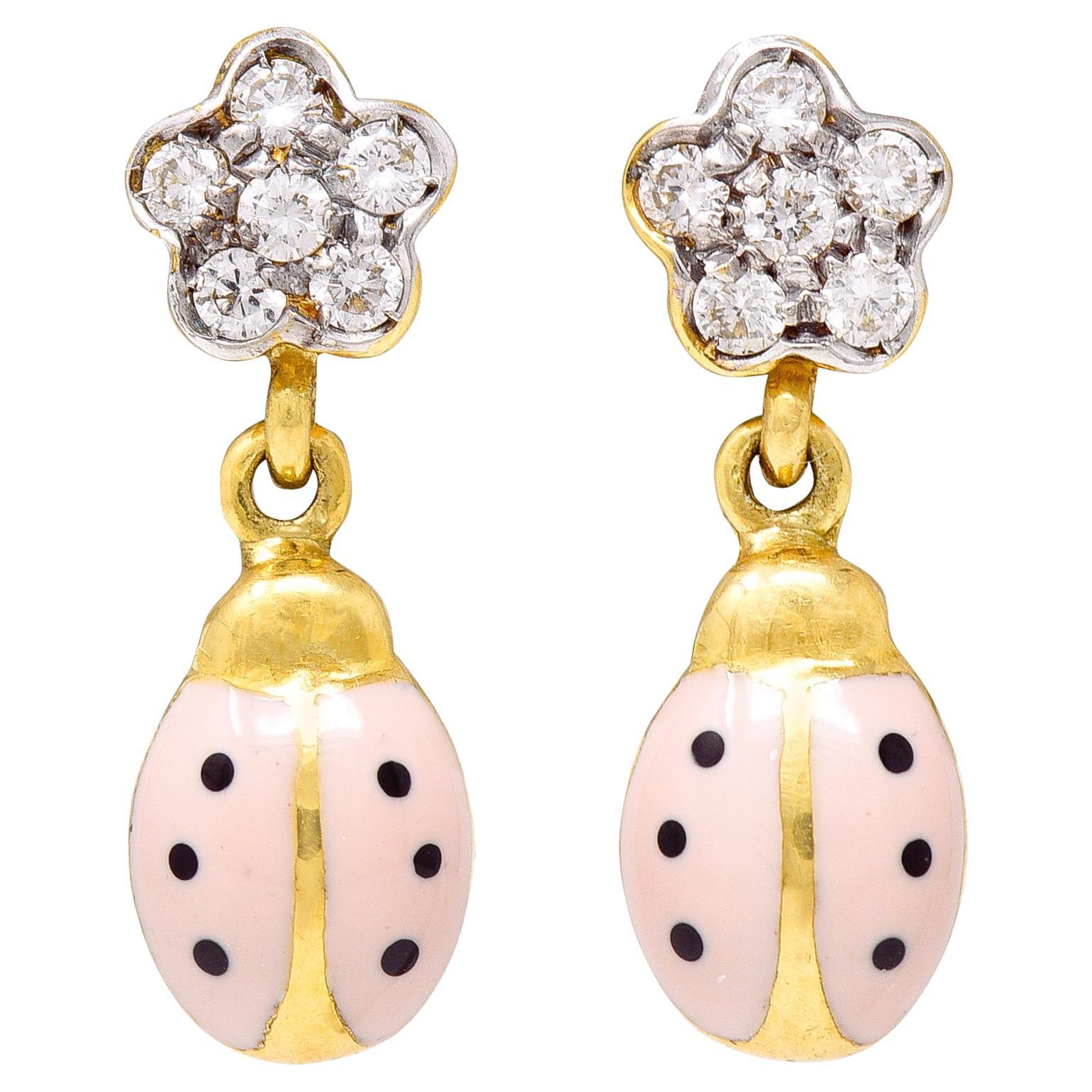 Aaron Basha Diamond Pink Enamel 18 Karat Two-Tone Ladybug Drop Earrings