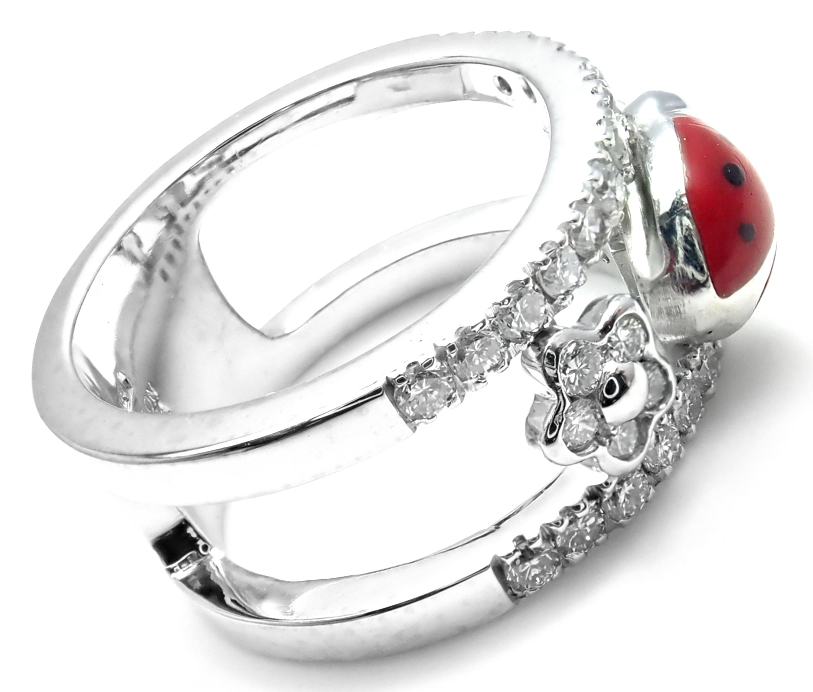 18k White Gold Diamond Red Enamel Ladybug Band Ring by Aaron Basha. 
With Round brilliant cut diamonds VS1 clarity, G color total weight approx. .78ct
Details: 
Size:  4
Weight: 7.5 grams
Width: 8mm
Stamped Hallmarks: Aaron Basha 750
*Free Shipping