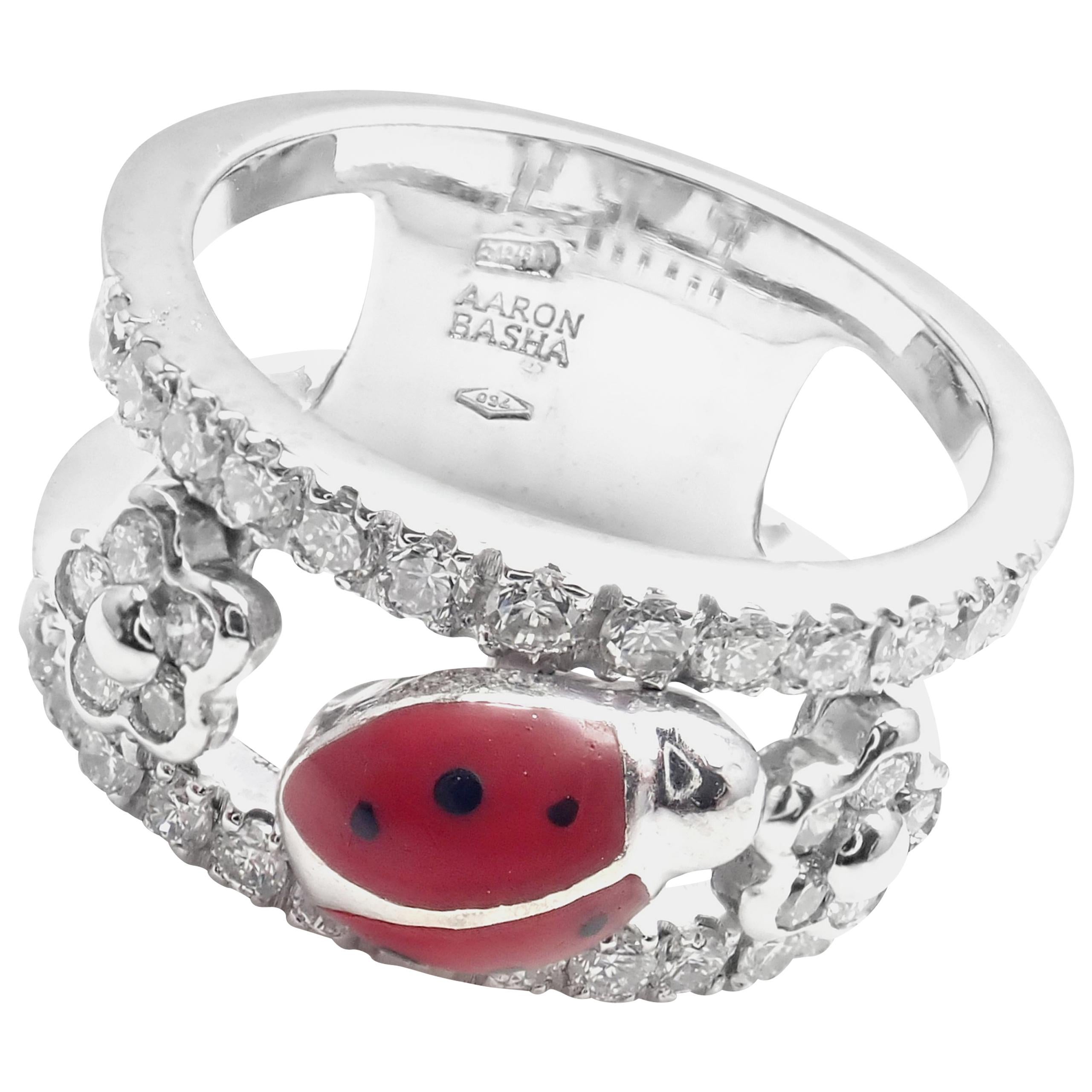 Aaron Basha Diamond Red Enamel Ladybug White Gold Band Ring