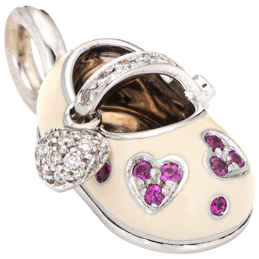 Aaron Basha Diamond Ruby Shoe Charm Hearts 18 Karat White Gold Estate Pendant