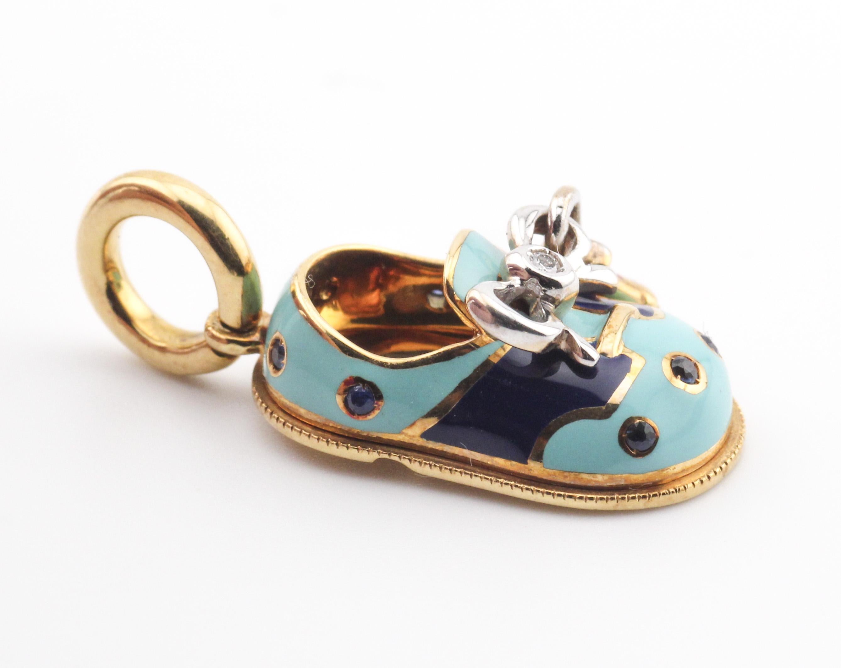 Women's or Men's Aaron Basha Diamond Sapphire Enamel 18K Yellow Gold Baby Boy Shoe Charm Pendant