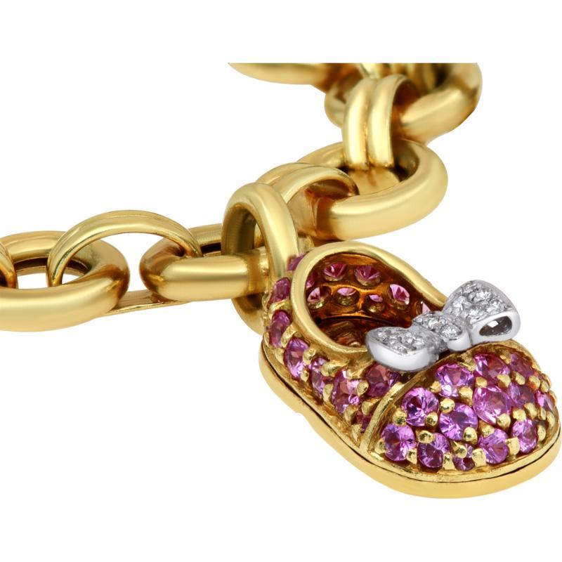Aaron Basha Diamond Yellow Gold Bracelet and Baby Shoe Charms In Excellent Condition For Sale In Surfside, FL