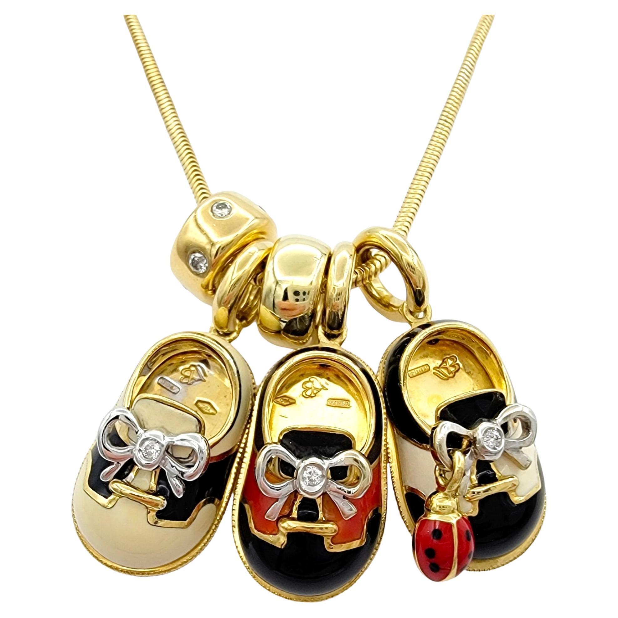 Aaron Basha Enamel and Diamond 'Baby Shoe' Charm Necklace 18 Karat Yellow Gold 