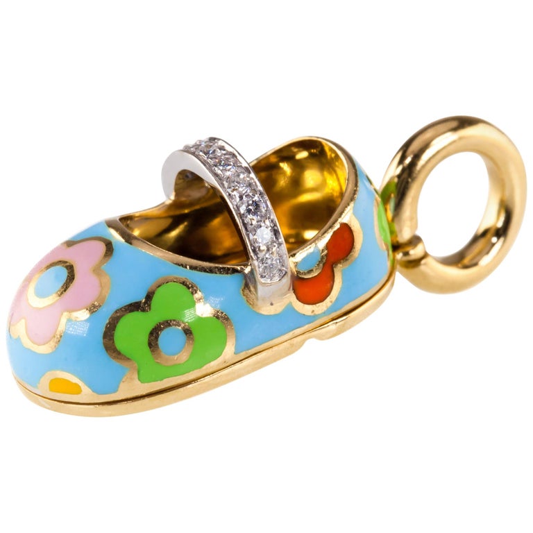 Aaron Basha Enamel and Diamond Baby Shoe Pendant in Yellow Gold at 1stDibs