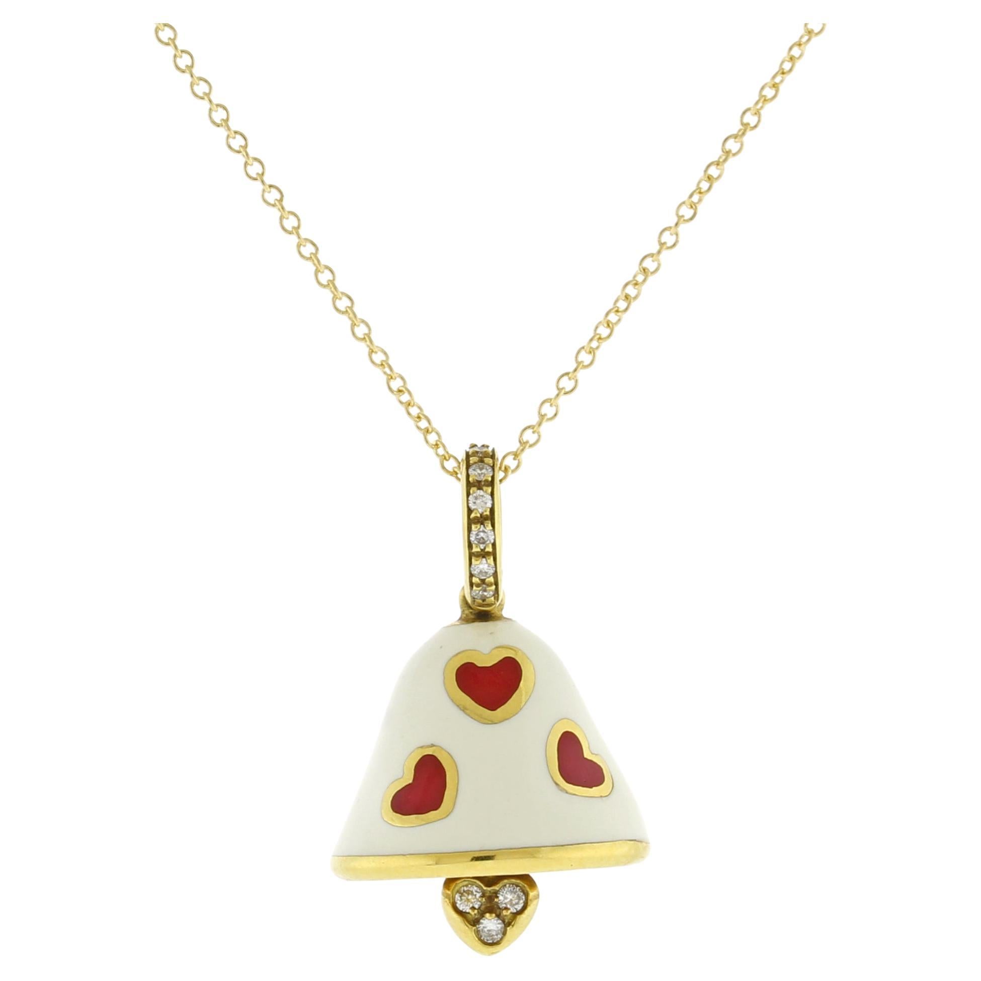 Aaron Basha Enamel and Diamond Bell Charm Pendant Necklace For Sale