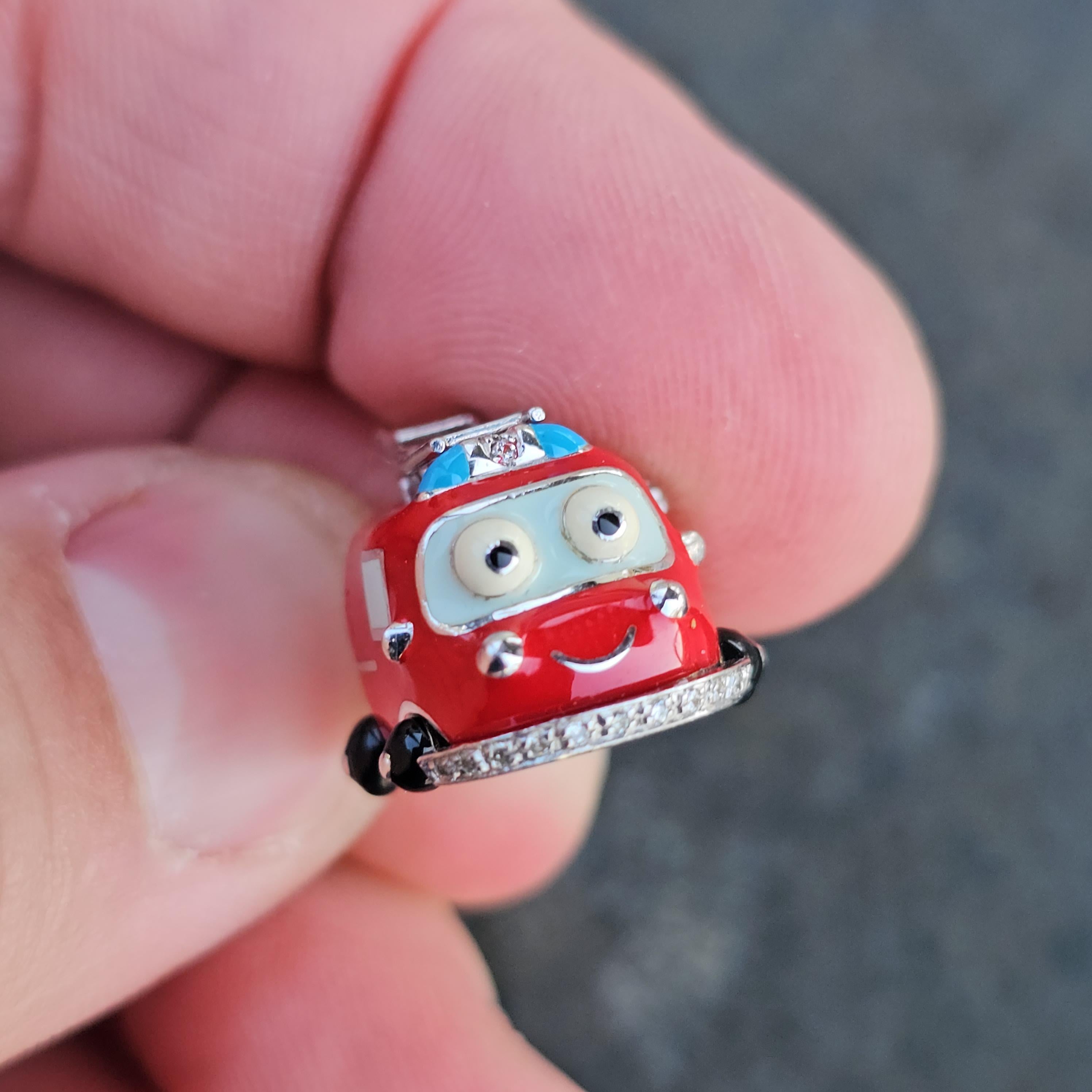 Round Cut Aaron Basha Fire Truck Charm Pendant Diamond 18k White Gold Enamel Moving Ladder For Sale